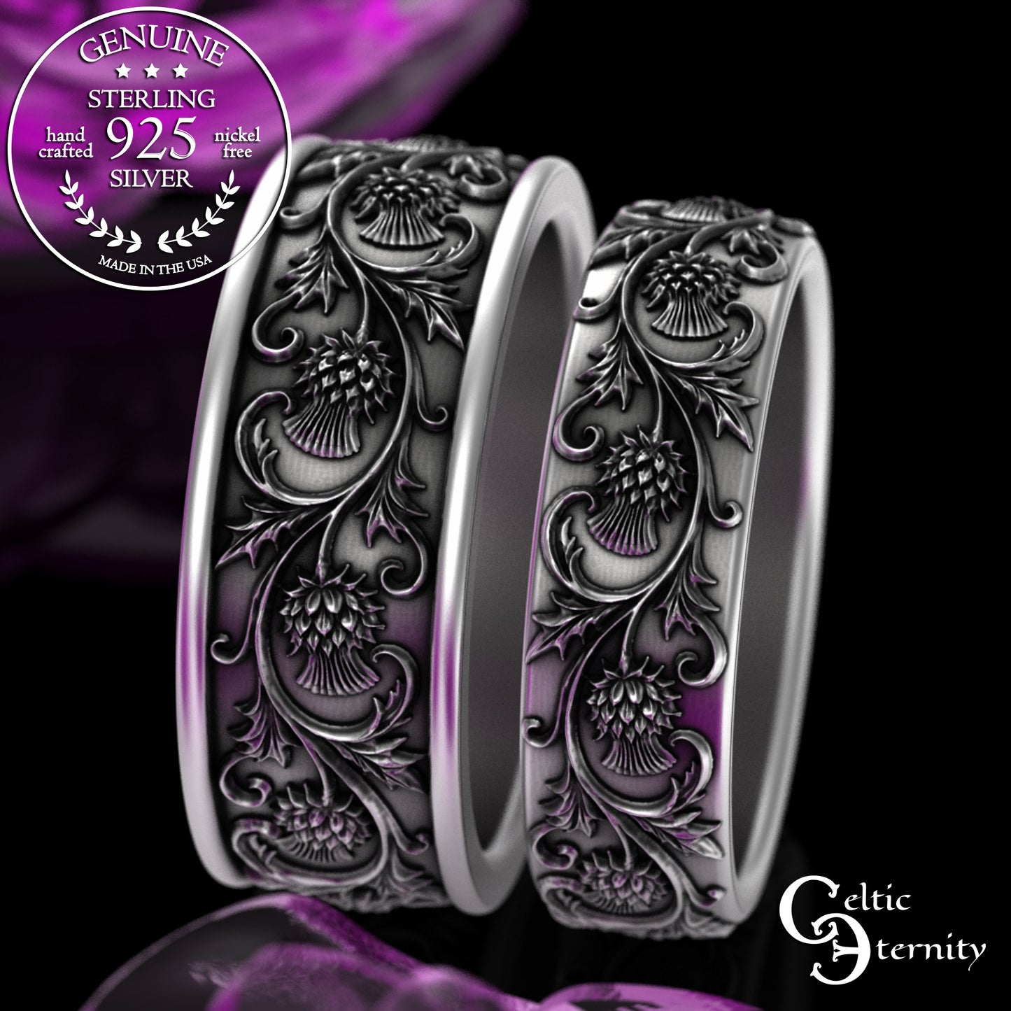 Sterling His & Hers Celtic Thistle Wedding Band Set, 3349 3352