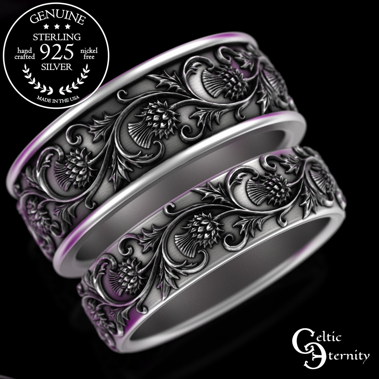 Sterling His & Hers Celtic Thistle Wedding Band Set, 3349 3352