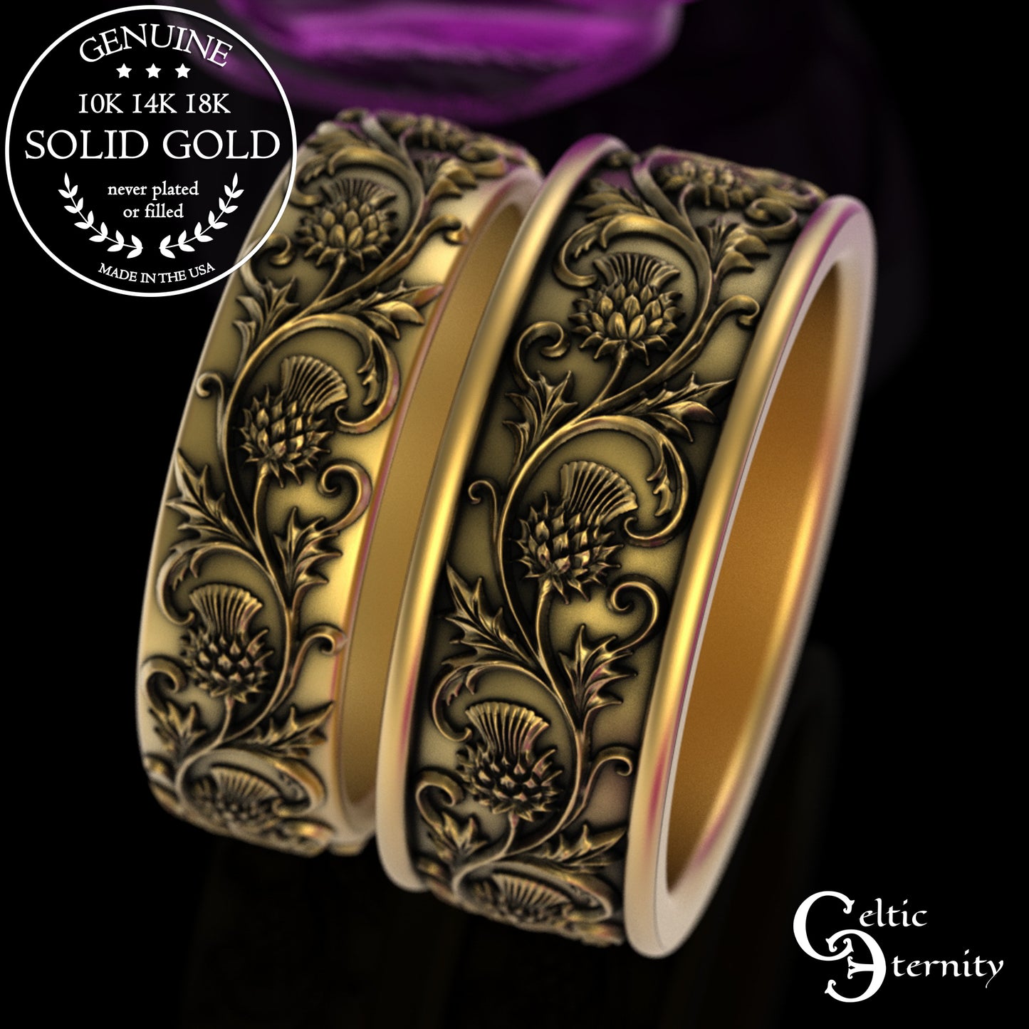 Sterling His & Hers Celtic Thistle Wedding Band Set, 3349 3352