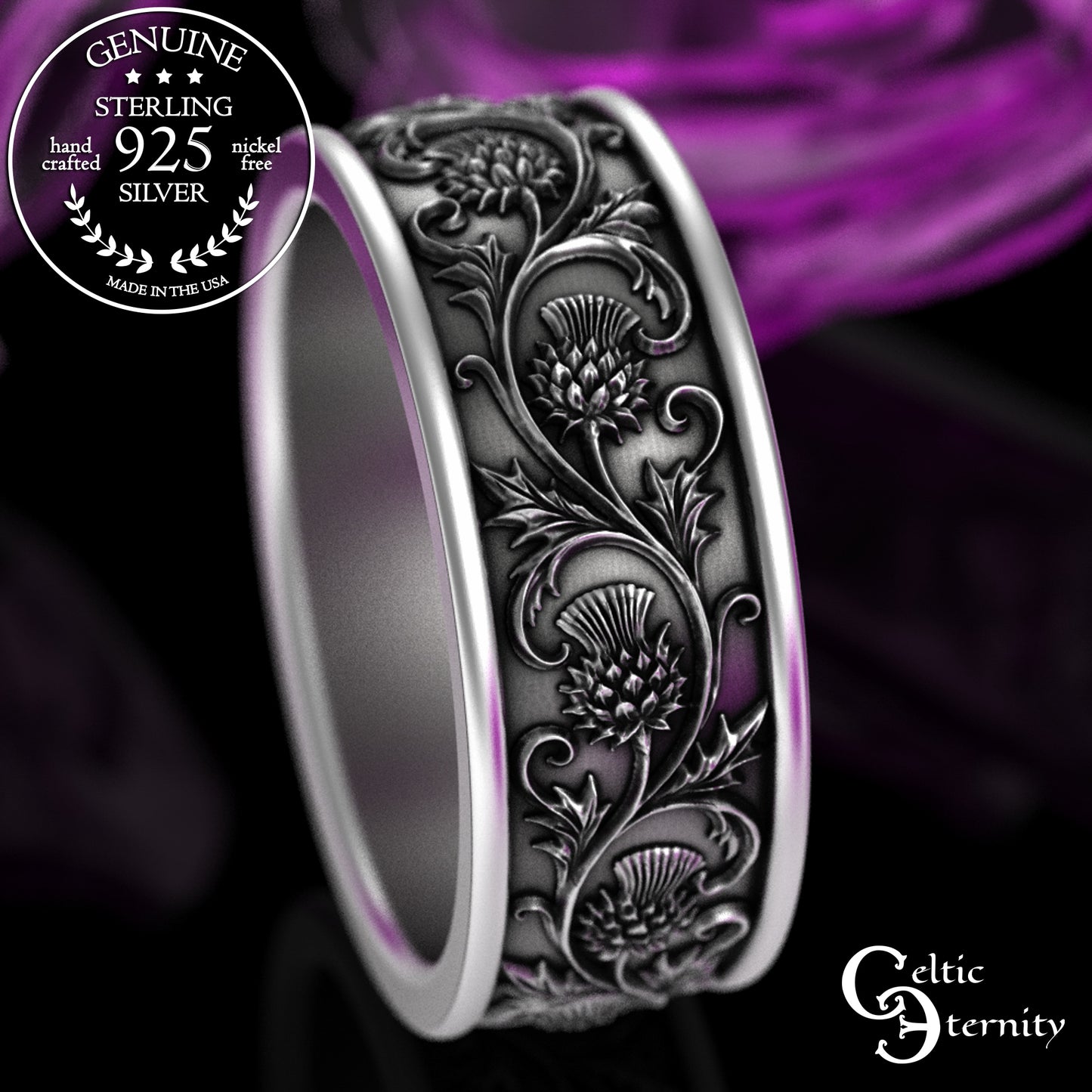Sterling Silver Men's Irish Thistle Wedding Band, 3352