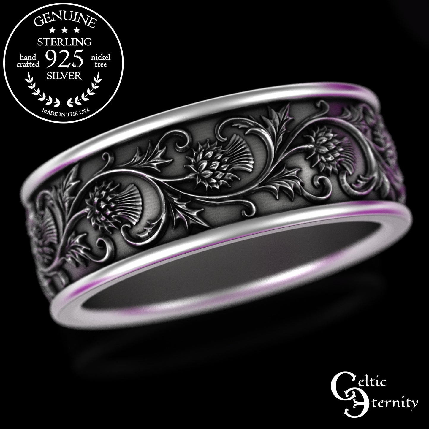 Sterling Silver Men's Irish Thistle Wedding Band, 3352