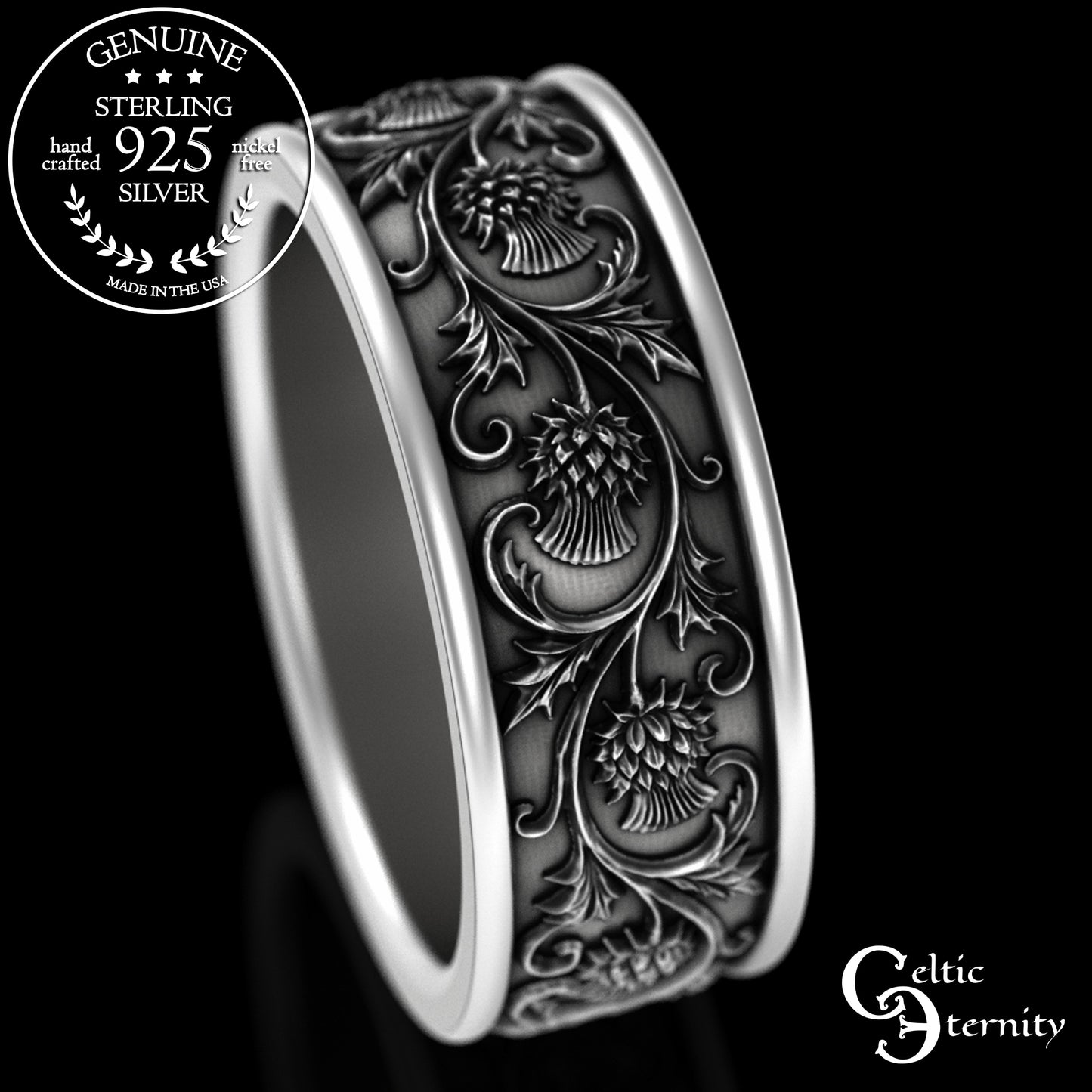 Sterling Silver Men's Irish Thistle Wedding Band, 3352