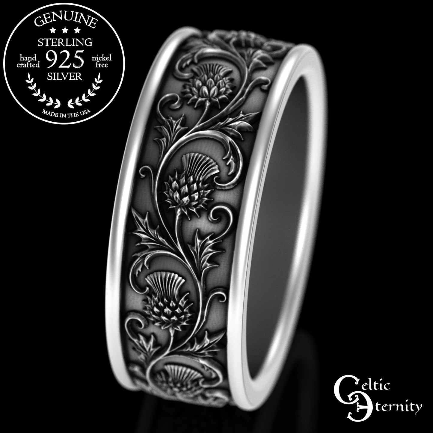 Sterling Silver Men's Irish Thistle Wedding Band, 3352