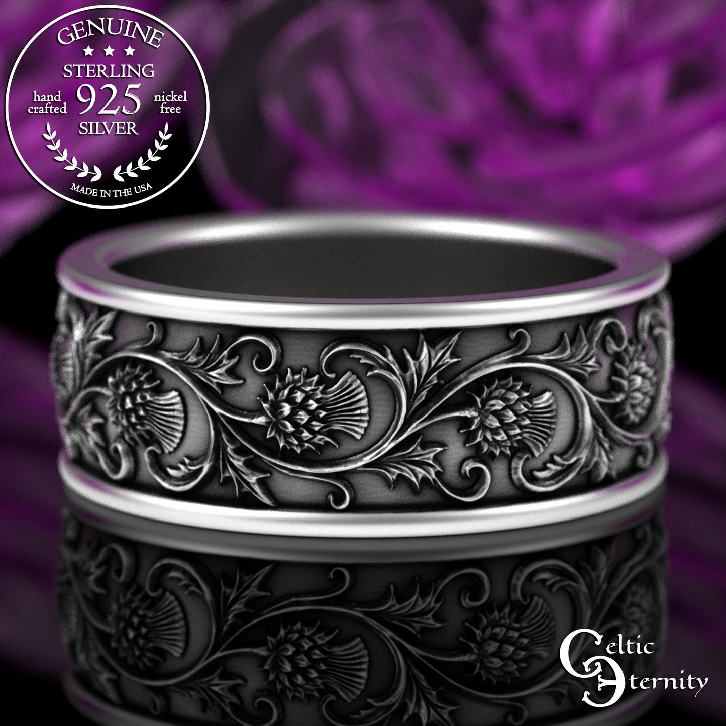 Sterling Silver Men's Irish Thistle Wedding Band, 3352