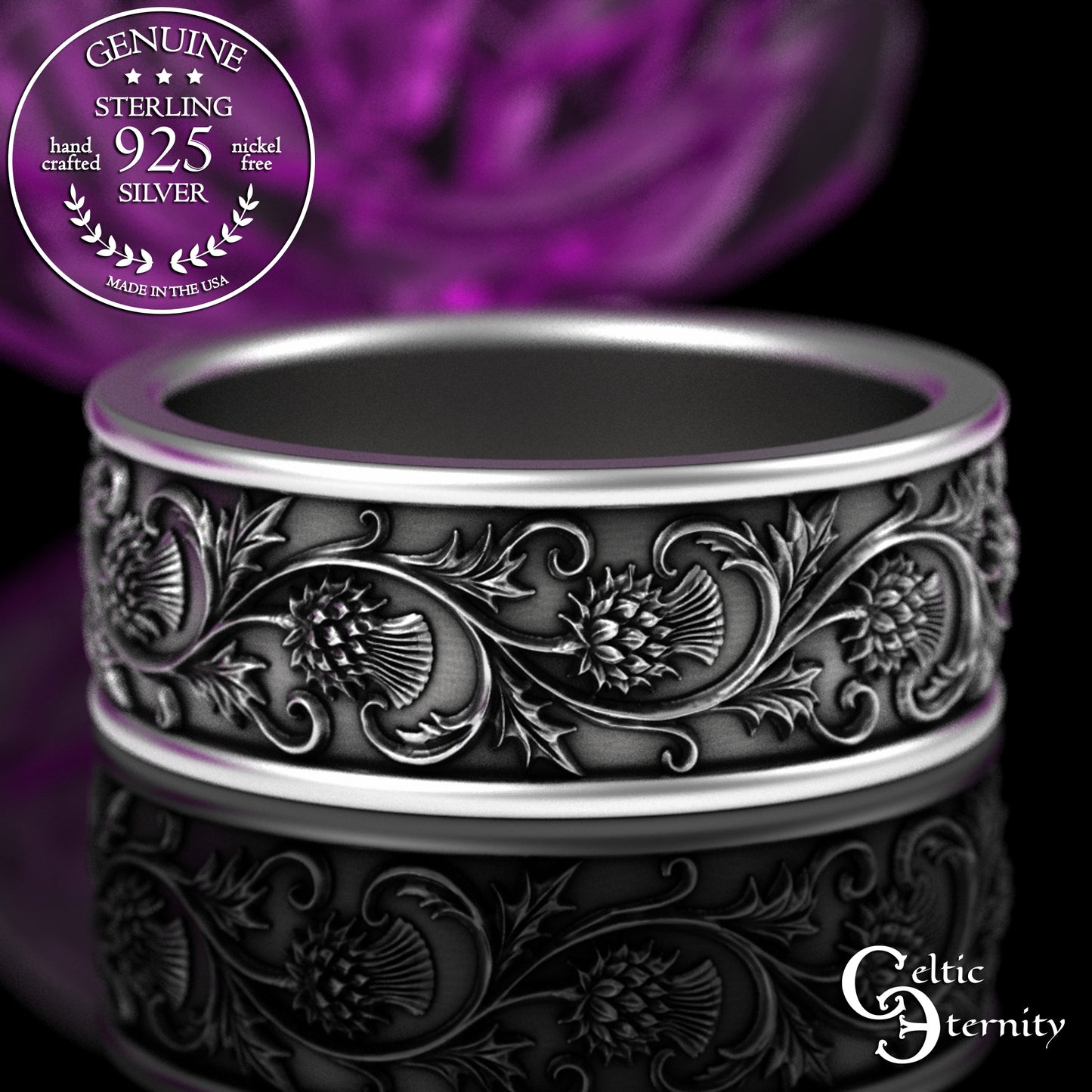 Sterling Silver Men's Irish Thistle Wedding Band, 3352