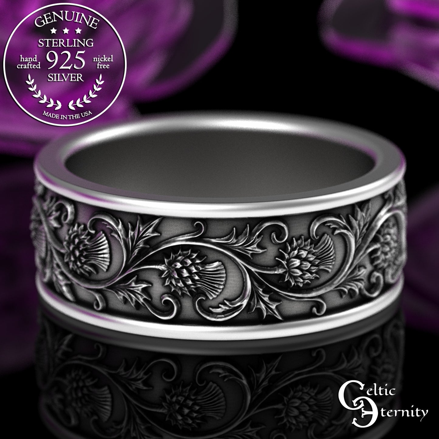 Sterling Silver Men's Irish Thistle Wedding Band, 3352