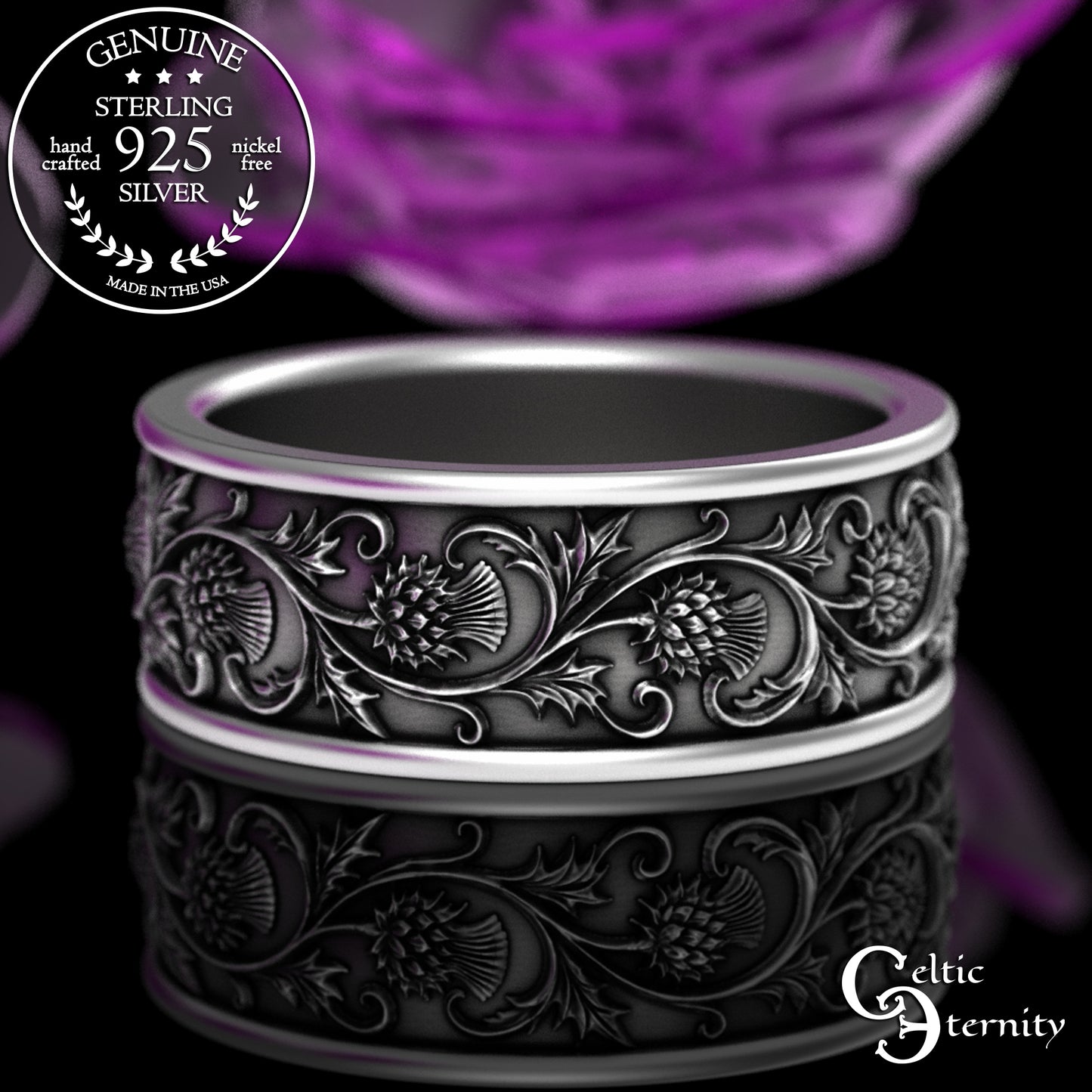 Sterling Silver Men's Irish Thistle Wedding Band, 3352