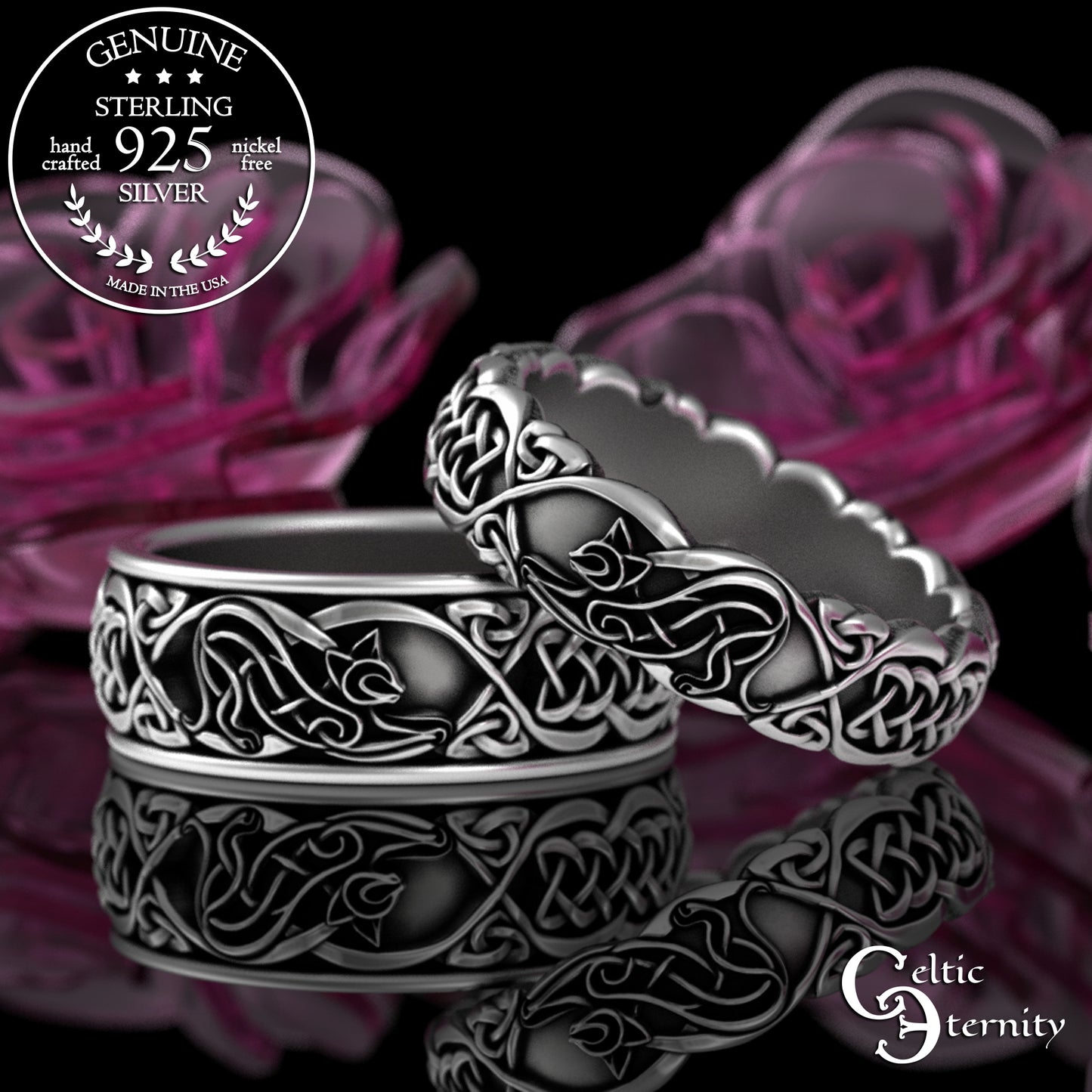 Sterling Matching Celtic Cats Wedding Bands Set, 3356 3358
