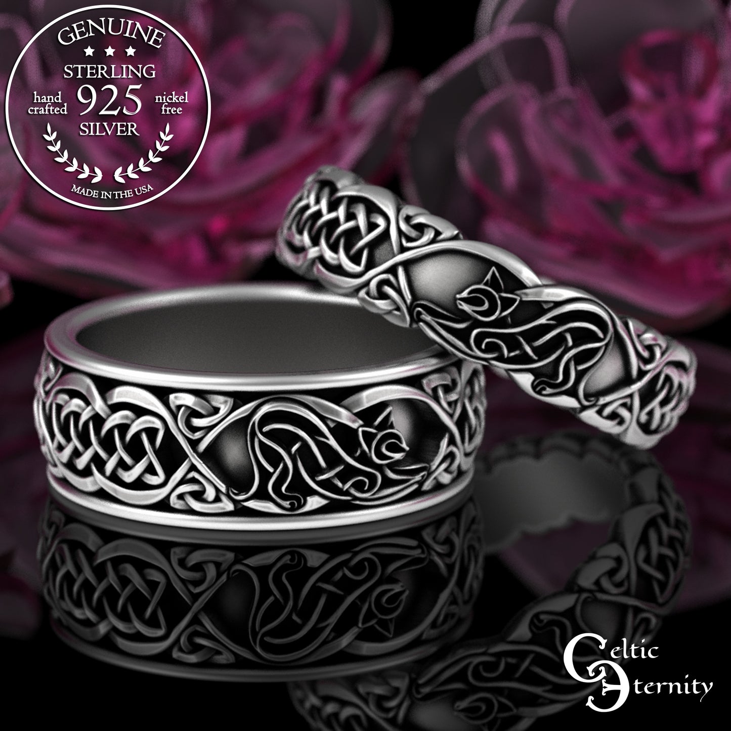 Sterling Matching Celtic Cats Wedding Bands Set, 3356 3358