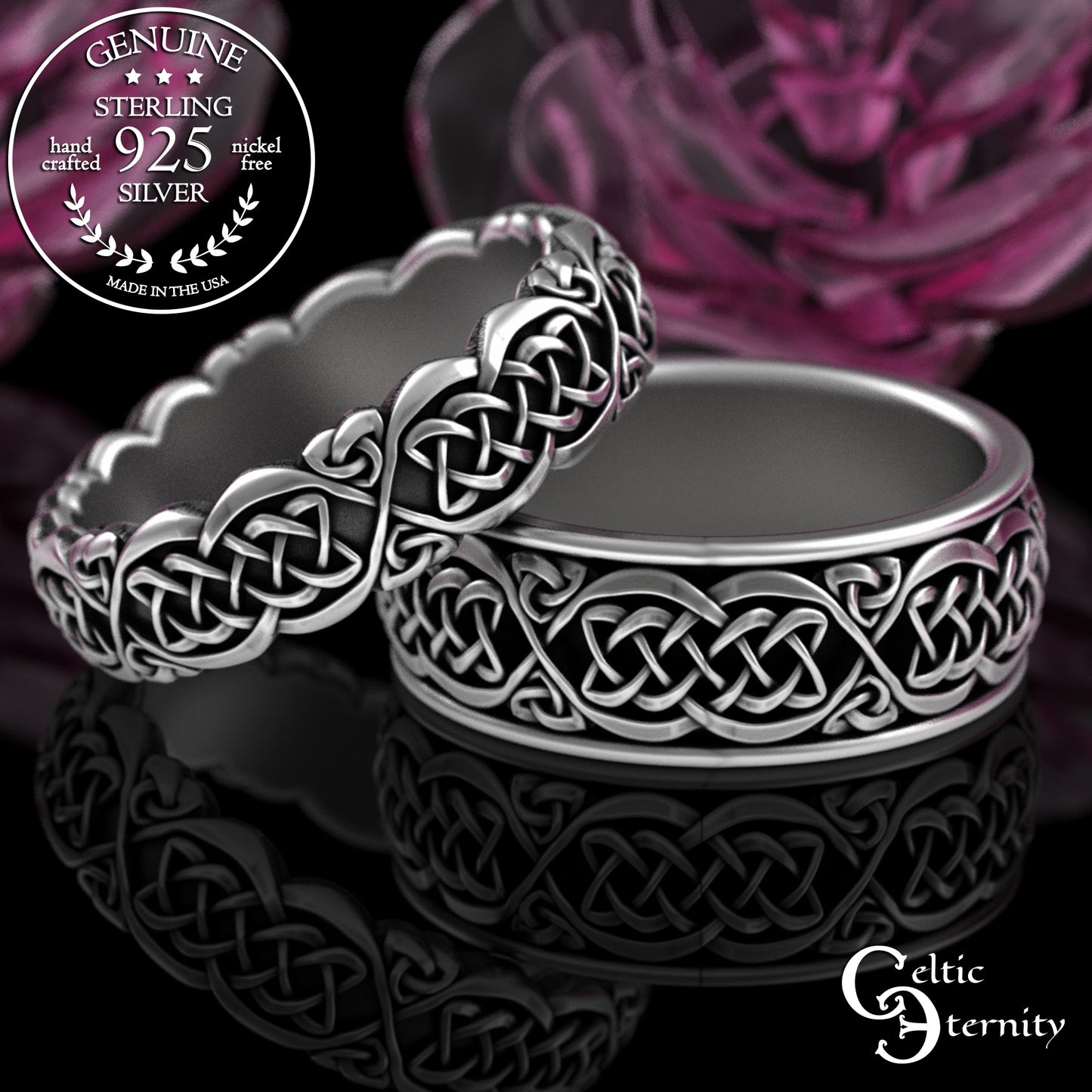 Sterling Matching Celtic Cats Wedding Bands Set, 3356 3358