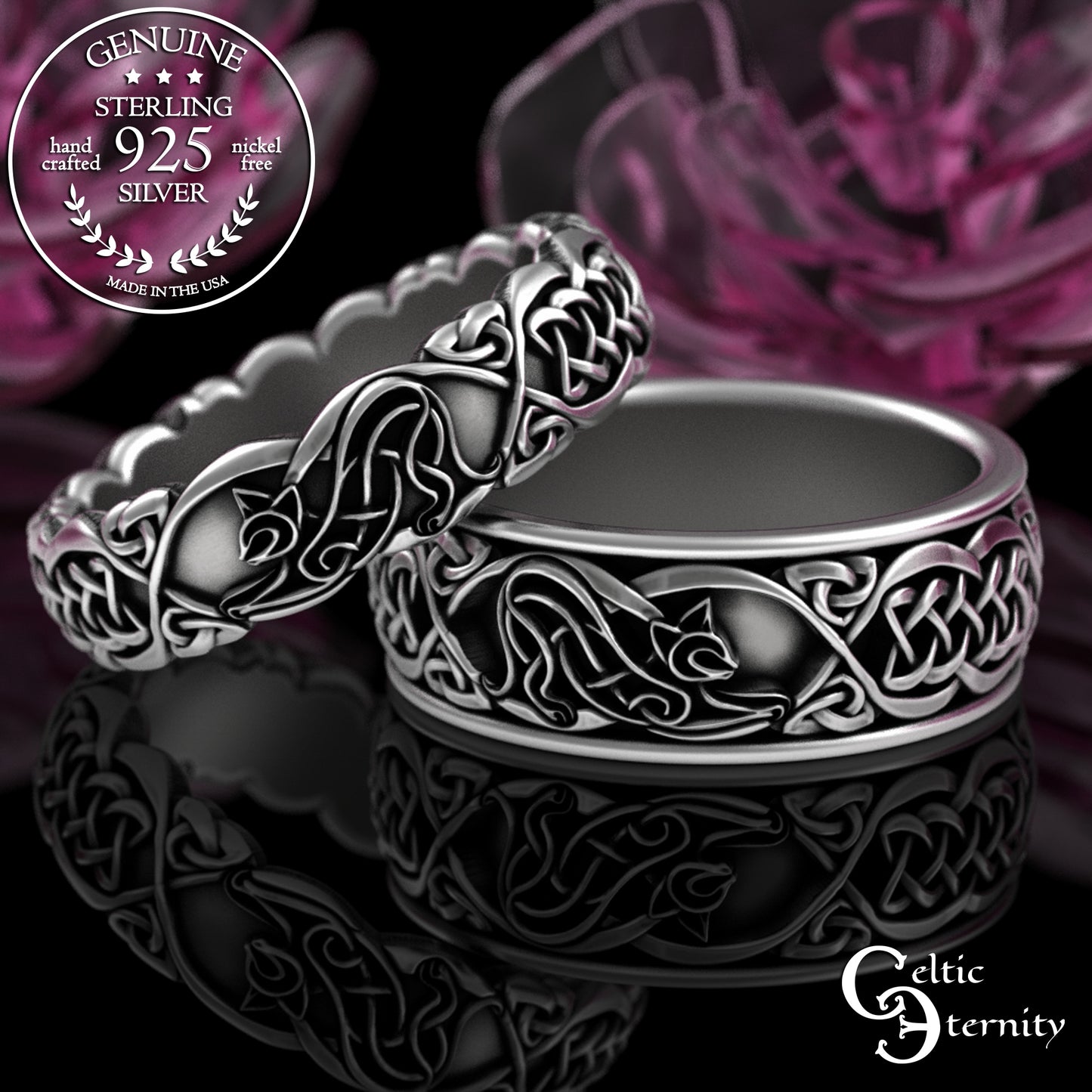 Sterling Matching Celtic Cats Wedding Bands Set, 3356 3358