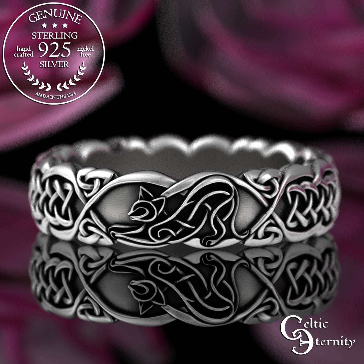 Sterling Matching Celtic Cats Wedding Bands Set, 3356 3358