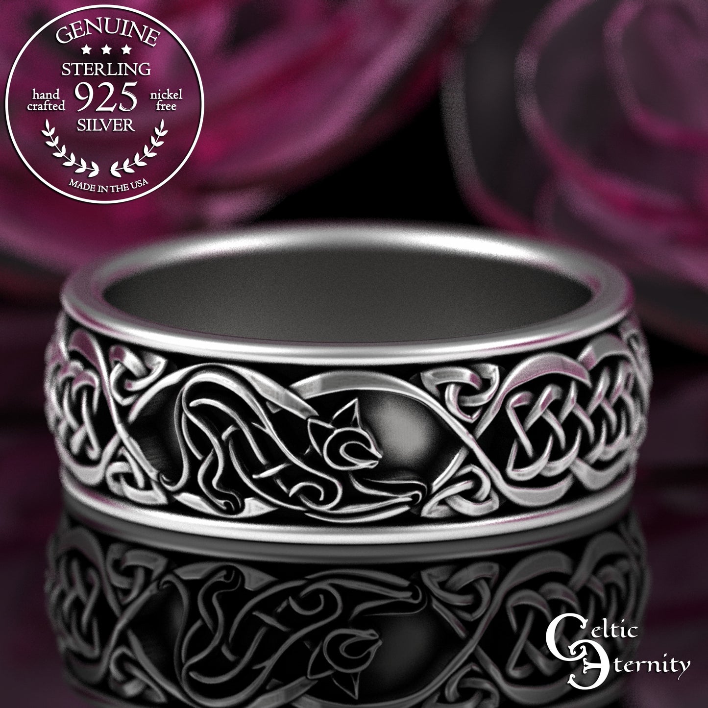 Men's Sterling Irish Cat & Knotwork Wedding Band, 3358