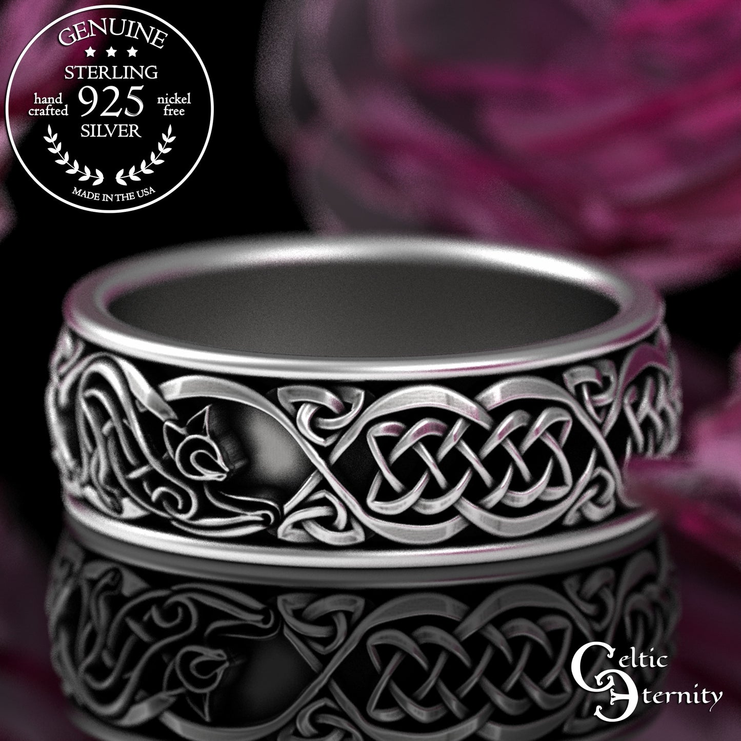 Men's Sterling Irish Cat & Knotwork Wedding Band, 3358