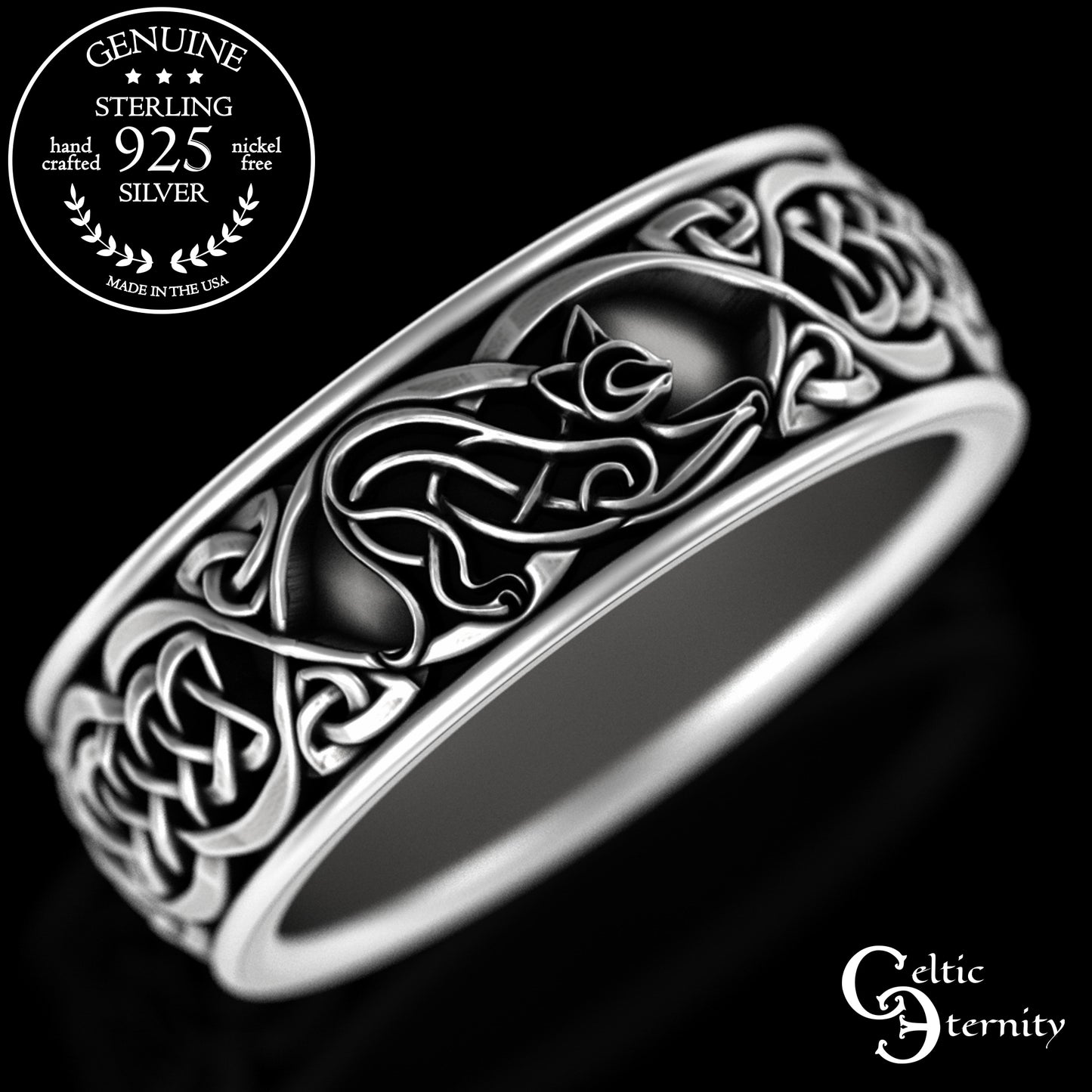Men's Sterling Irish Cat & Knotwork Wedding Band, 3358