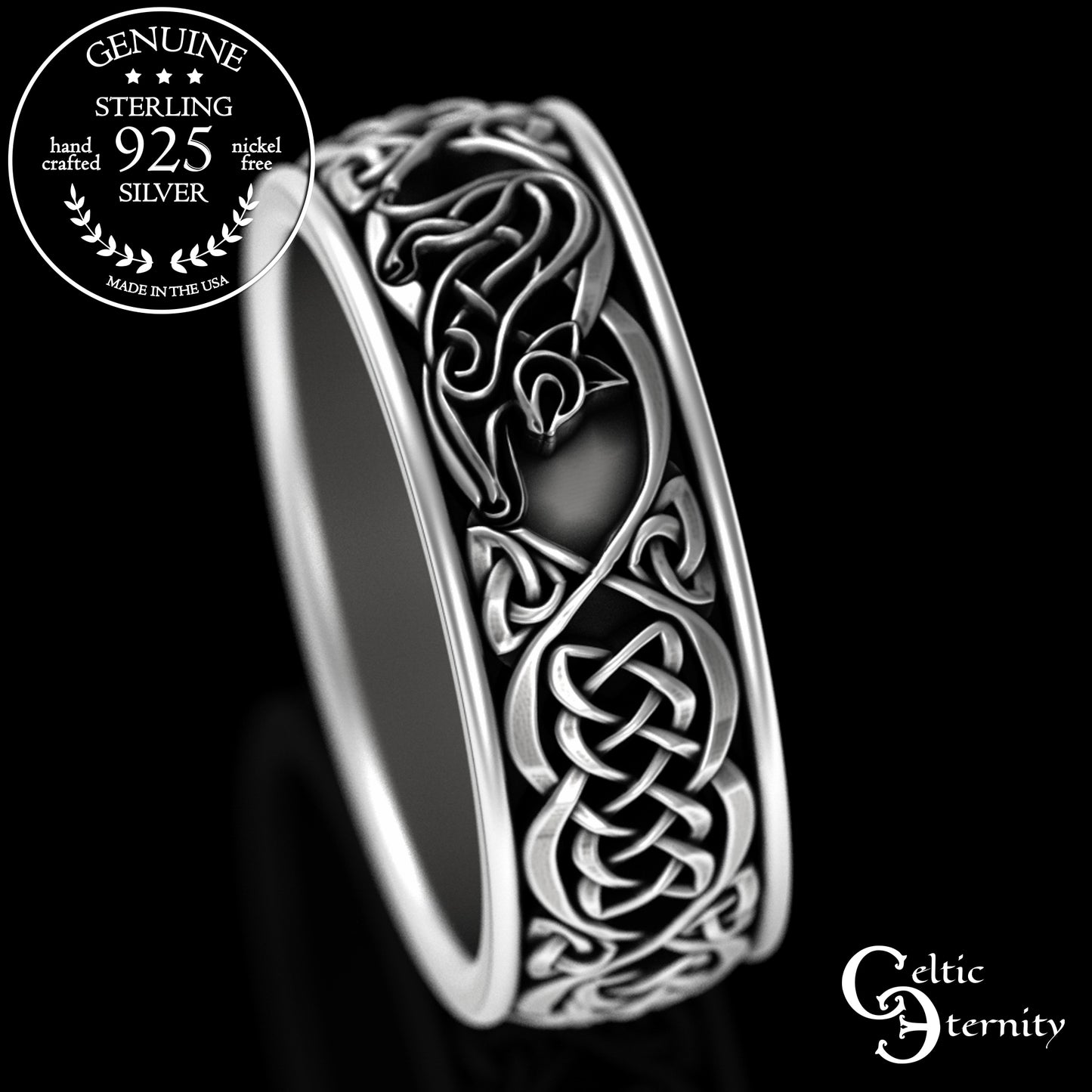 Men's Sterling Irish Cat & Knotwork Wedding Band, 3358