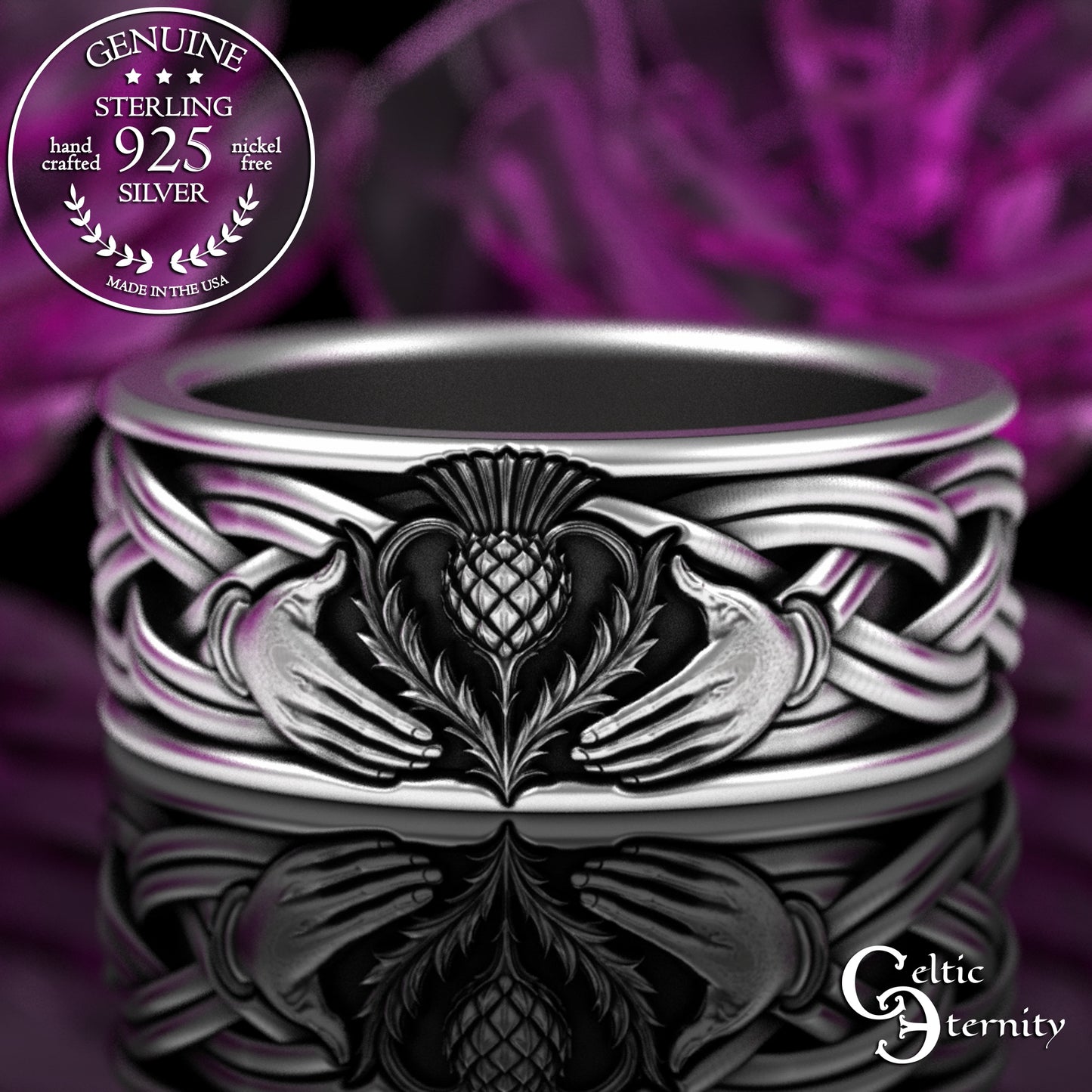 Sterling Men's Scottish Thistle Claddagh Wedding Band, 3359