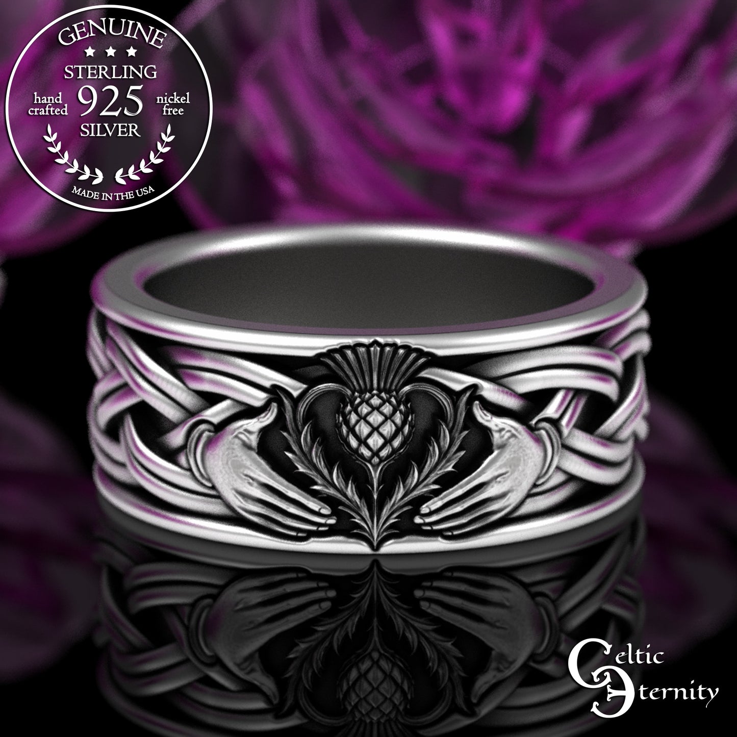 Sterling Men's Scottish Thistle Claddagh Wedding Band, 3359