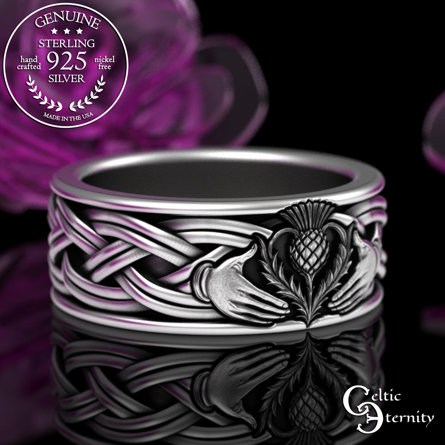 Sterling Men's Scottish Thistle Claddagh Wedding Band, 3359