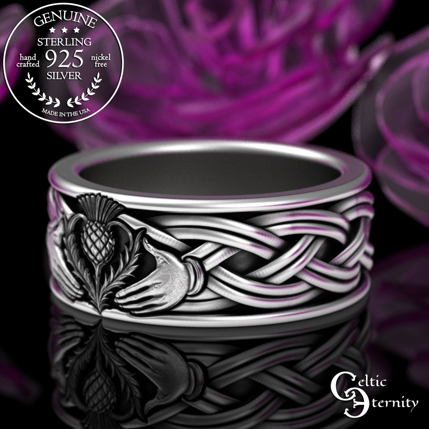 Sterling Men's Scottish Thistle Claddagh Wedding Band, 3359