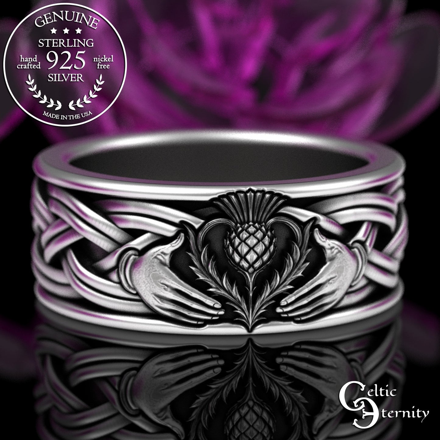 Sterling Men's Scottish Thistle Claddagh Wedding Band, 3359
