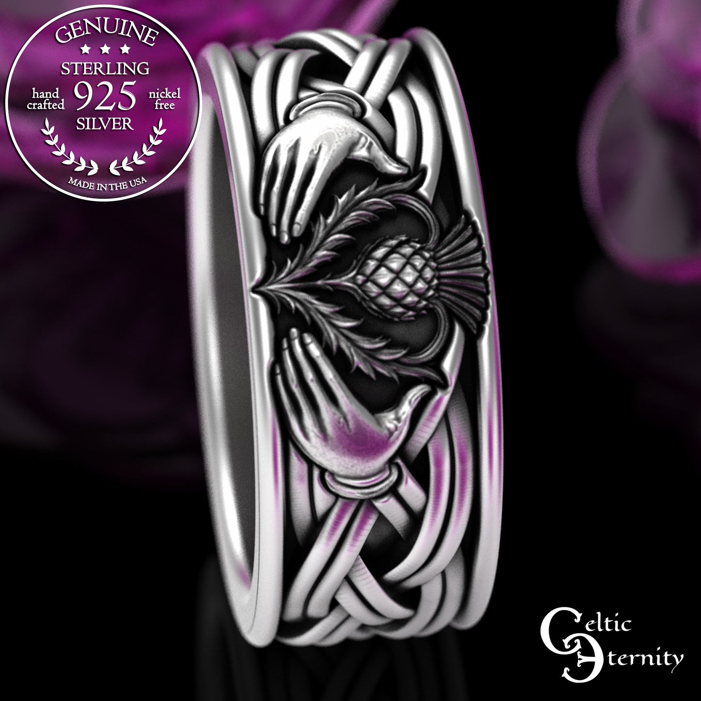 Sterling Men's Scottish Thistle Claddagh Wedding Band, 3359