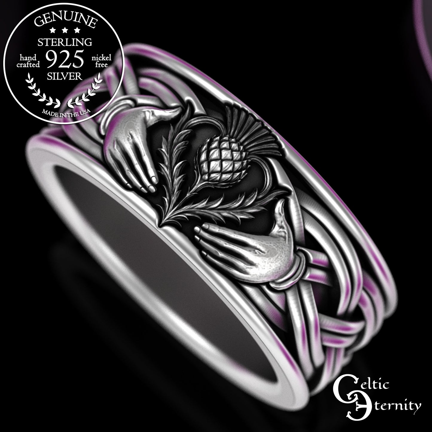 Sterling Men's Scottish Thistle Claddagh Wedding Band, 3359