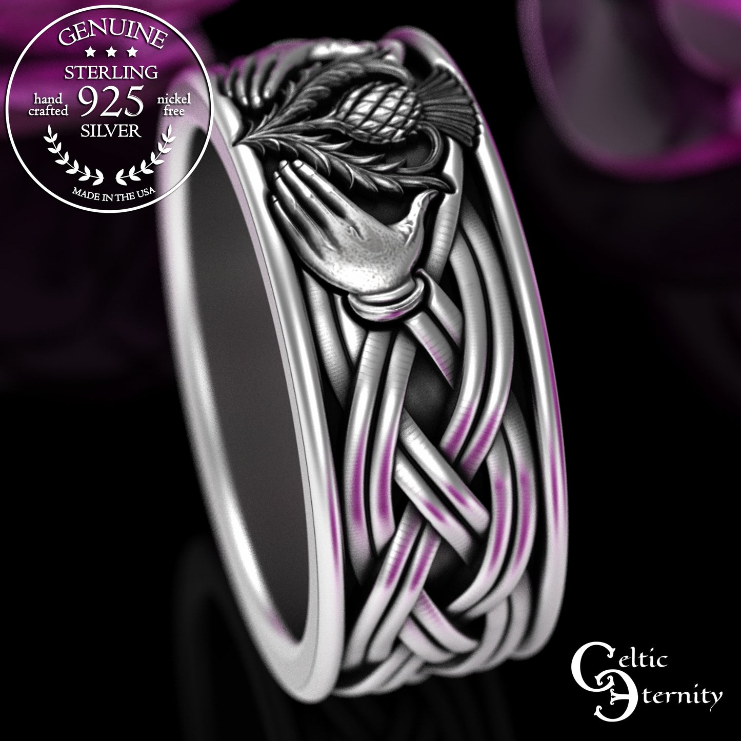 Sterling Men's Scottish Thistle Claddagh Wedding Band, 3359
