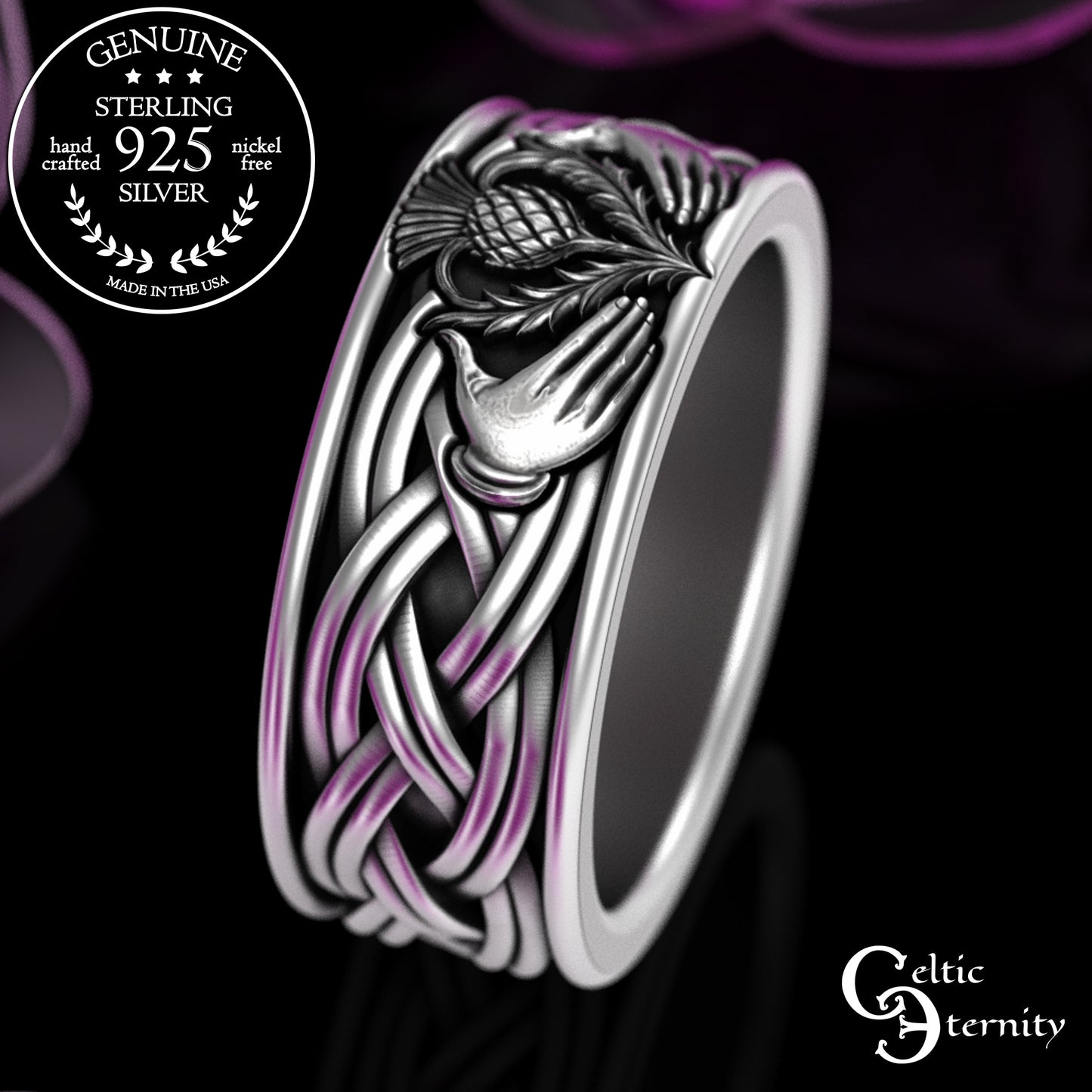 Sterling Men's Scottish Thistle Claddagh Wedding Band, 3359