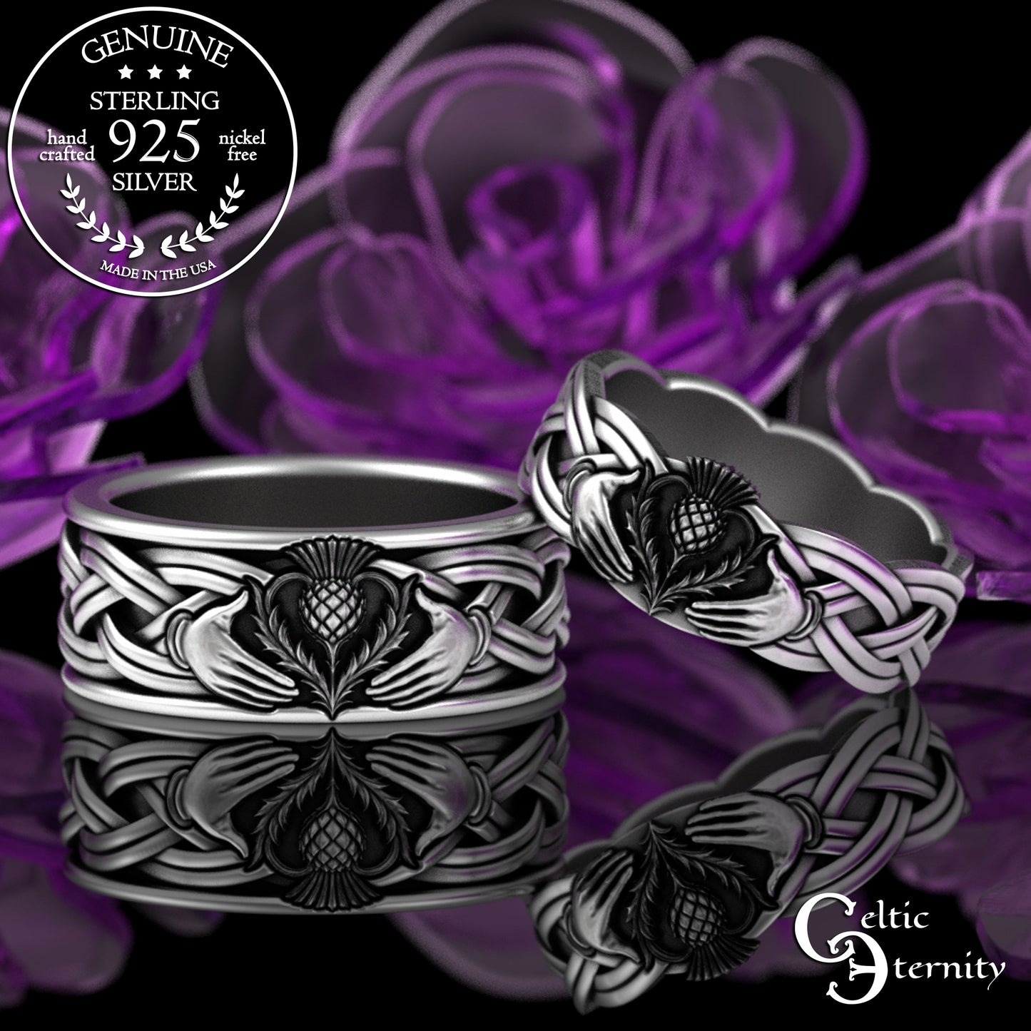 Sterling Matching Thistle & Celtic Claddagh Wedding Band Set, 3360 3359