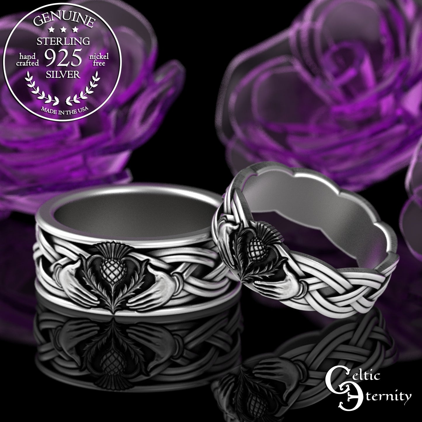 Sterling Matching Thistle & Celtic Claddagh Wedding Band Set, 3360 3359