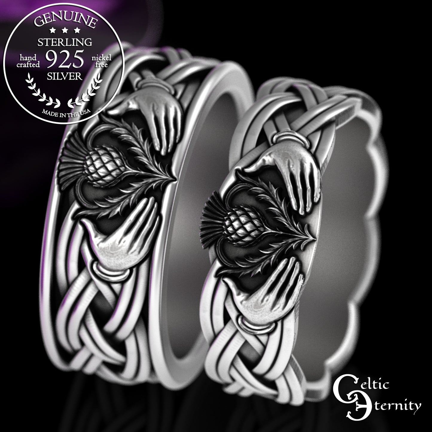 Sterling Matching Thistle & Celtic Claddagh Wedding Band Set, 3360 3359