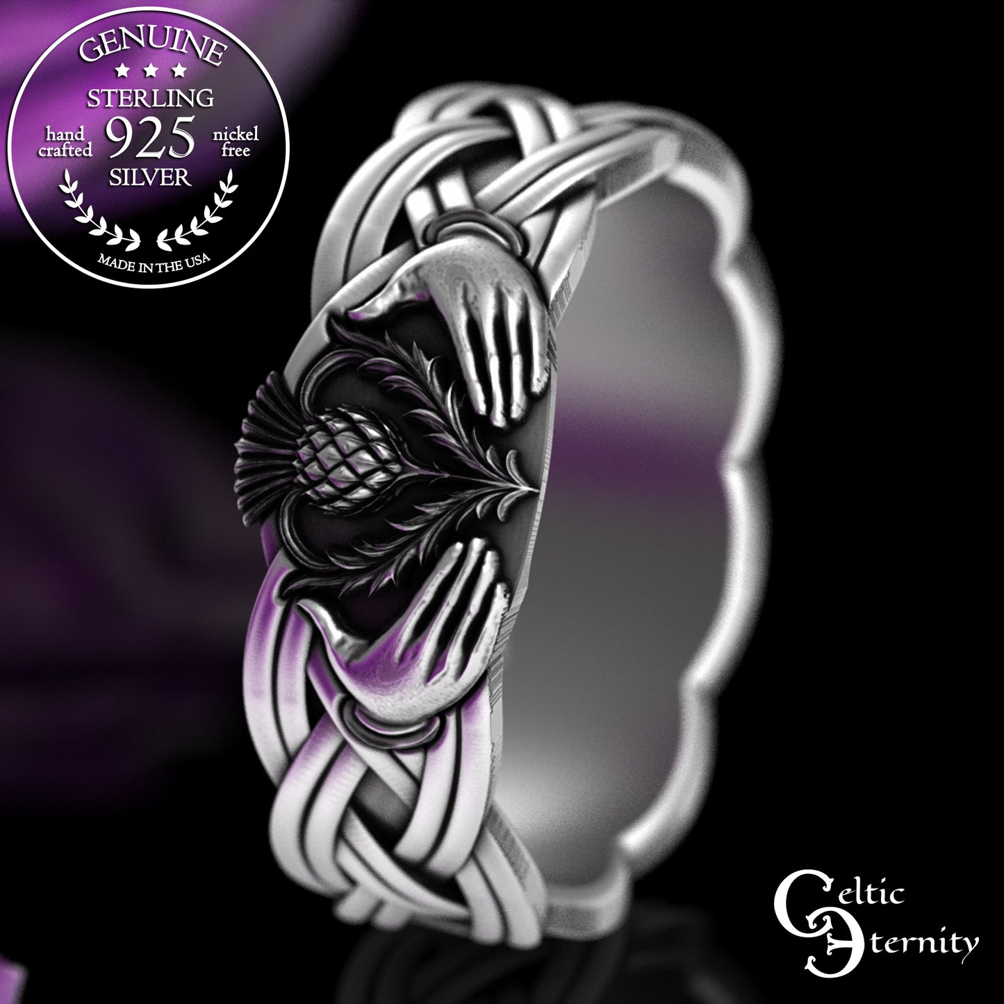 Sterling Women's Thistle Heart & Claddagh Hands Wedding Band, 3360