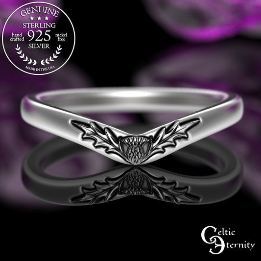 Sterling Silver Thistle Accent Ring - Chevron Fitted Stacker, 3361