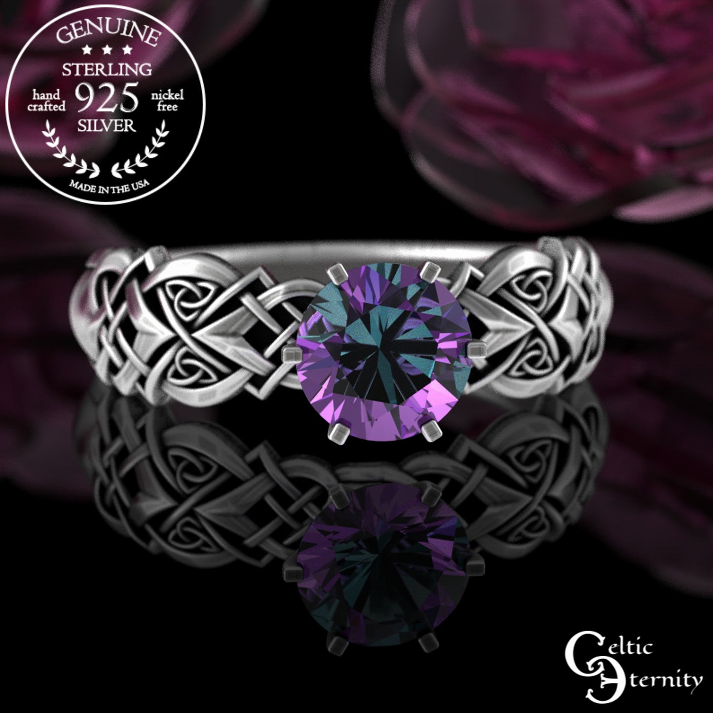Sterling Celtic Woven Heart Engagement Ring - Alexandrite Solitaire, 4017