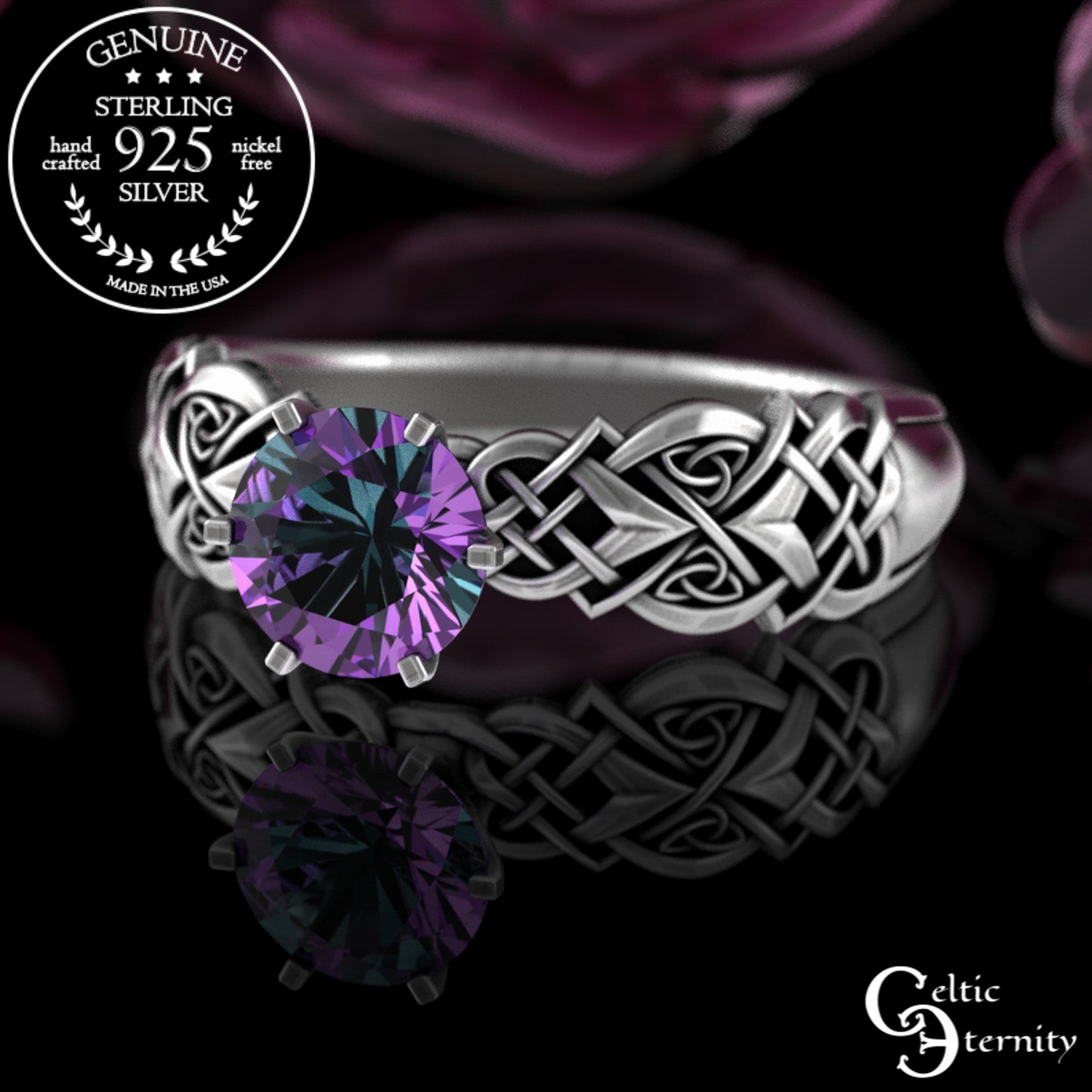 Sterling Celtic Woven Heart Engagement Ring - Alexandrite Solitaire, 4017