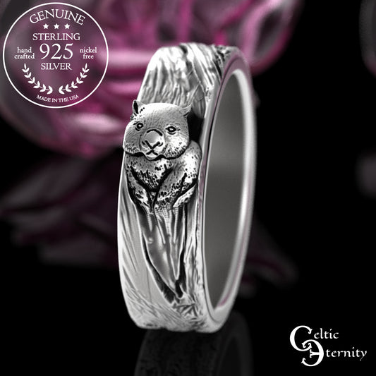 Sterling Silver Woman's Wombat in Tree Hollow Wedding Band, 4054