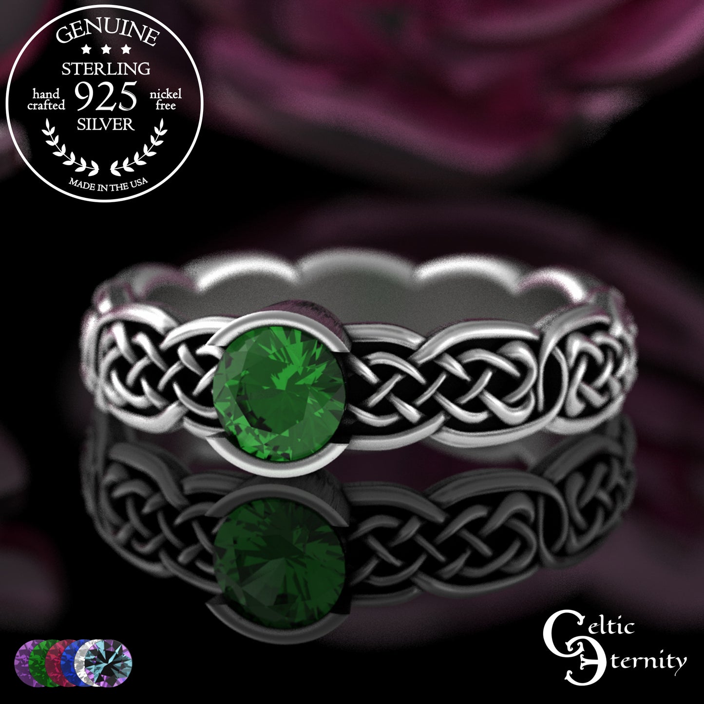 Sterling Woman's Low Profile Celtic Wedding Ring - Emerald, 4065