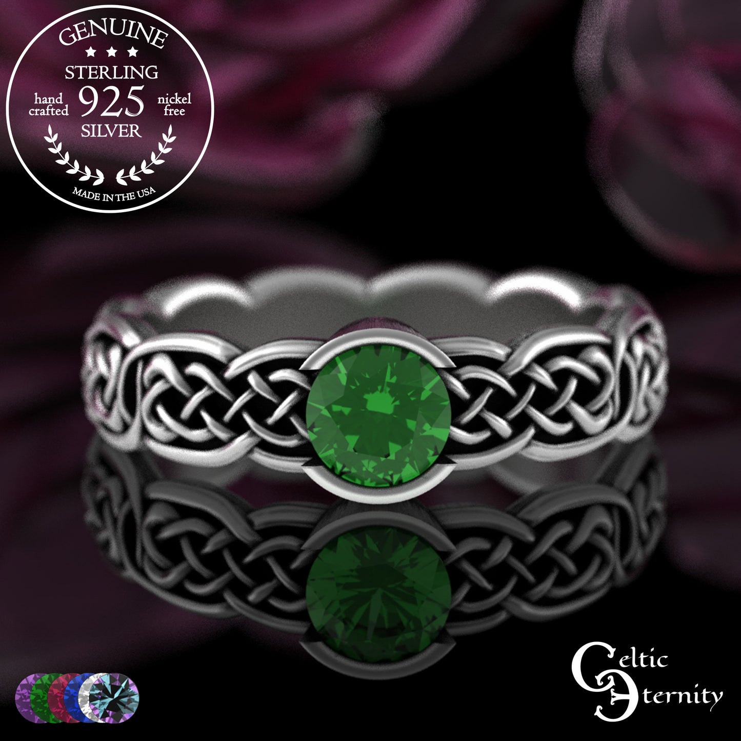 Sterling Woman's Low Profile Celtic Wedding Ring - Emerald, 4065