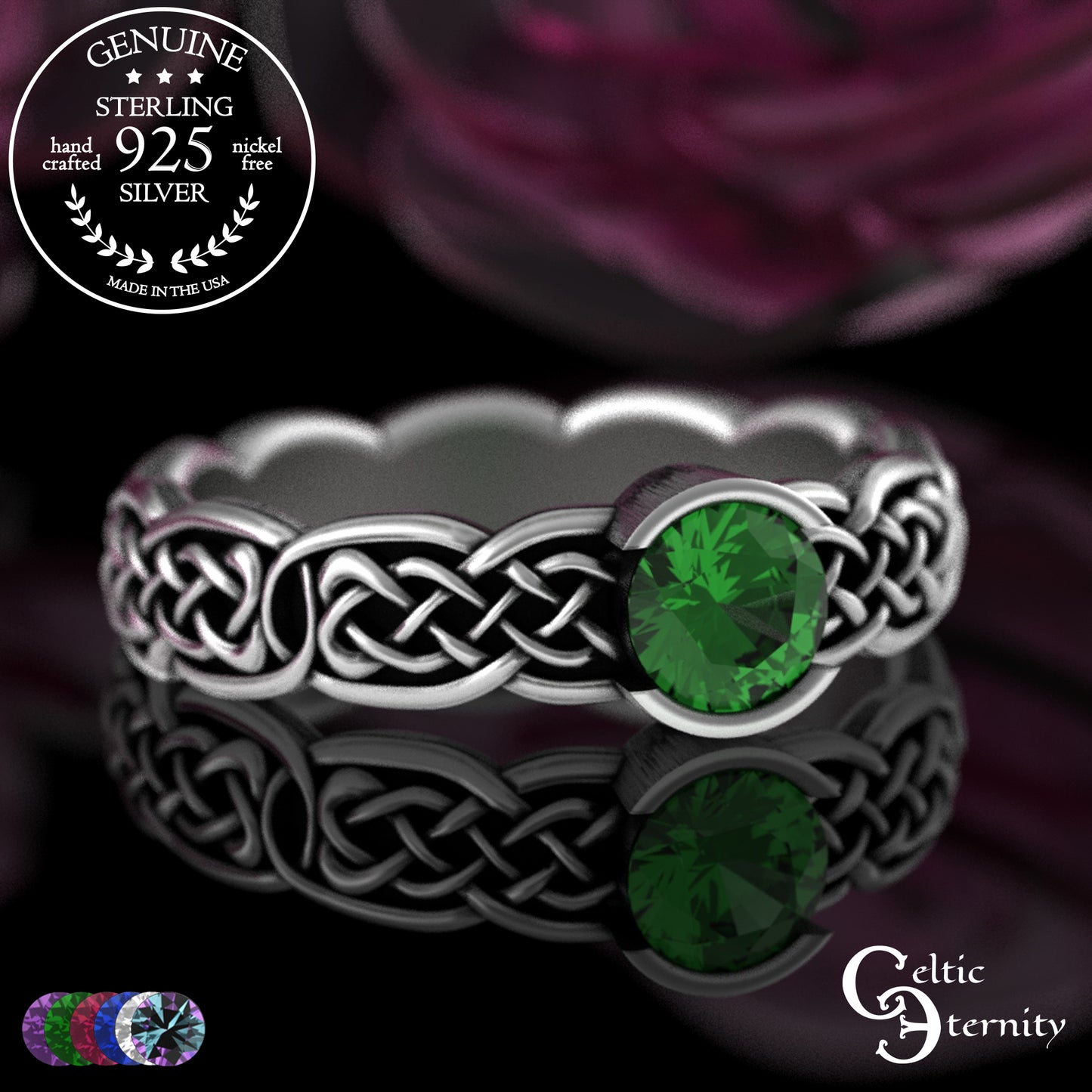 Sterling Woman's Low Profile Celtic Wedding Ring - Emerald, 4065