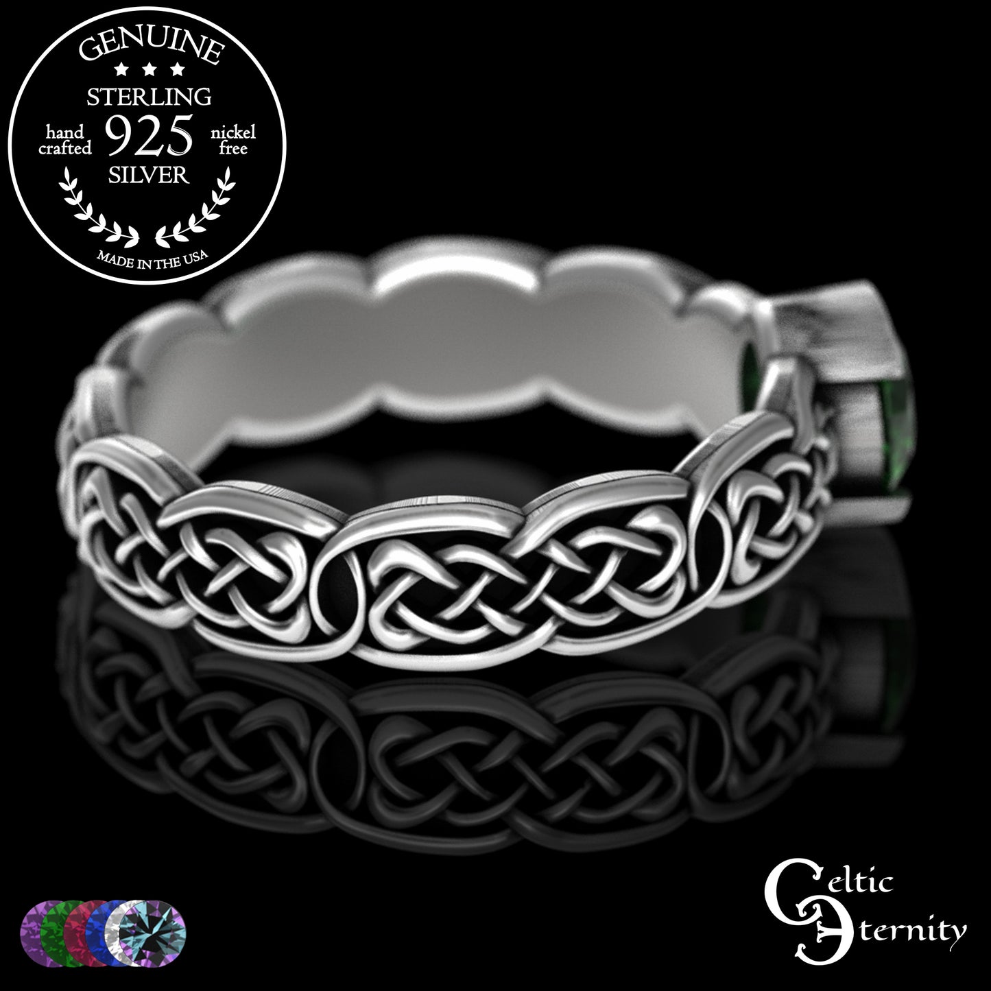 Sterling Woman's Low Profile Celtic Wedding Ring - Emerald, 4065