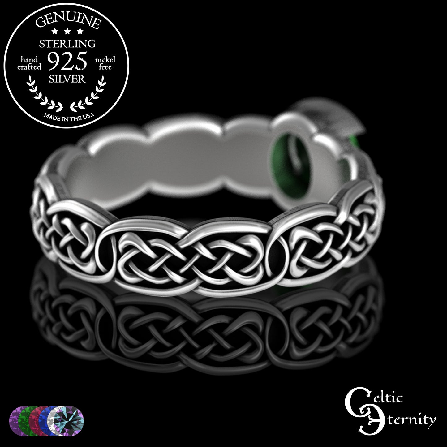 Sterling Woman's Low Profile Celtic Wedding Ring - Emerald, 4065