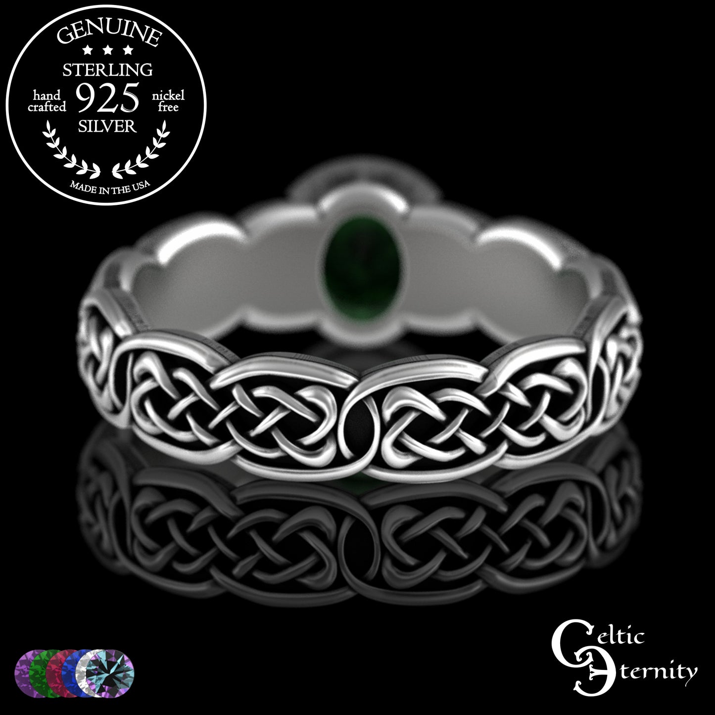 Sterling Woman's Low Profile Celtic Wedding Ring - Emerald, 4065