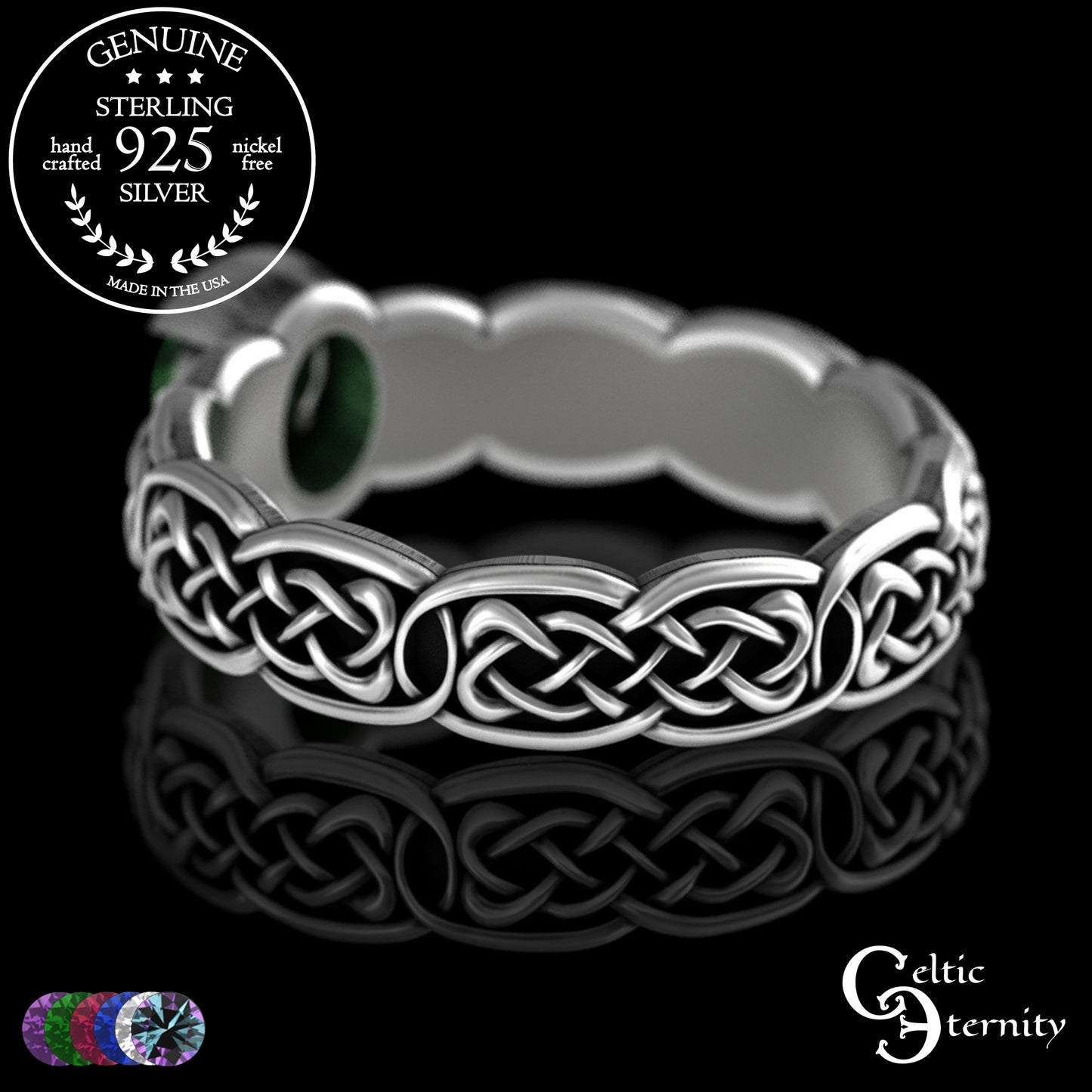 Sterling Woman's Low Profile Celtic Wedding Ring - Emerald, 4065