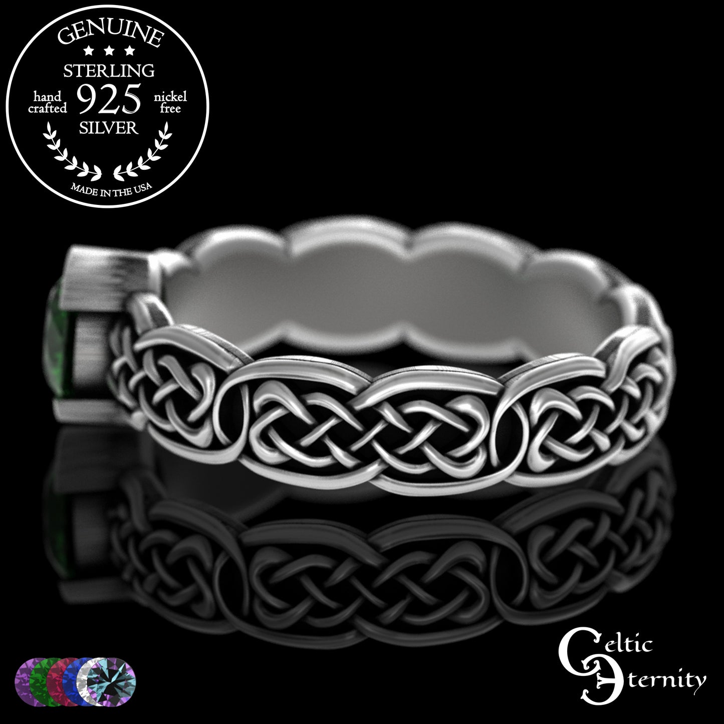 Sterling Woman's Low Profile Celtic Wedding Ring - Emerald, 4065