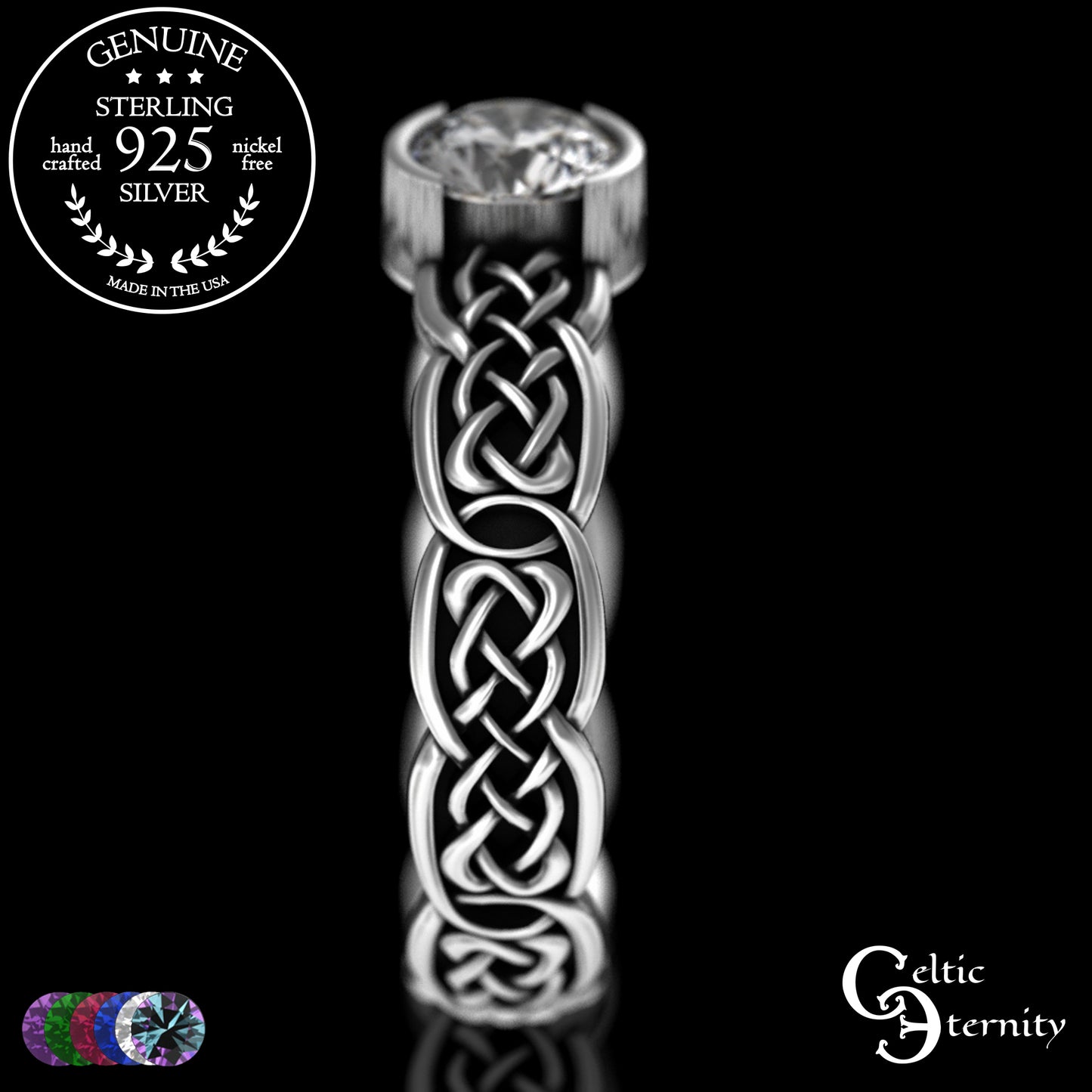 Sterling Woman's Low Profile Celtic Wedding Ring - Emerald, 4065