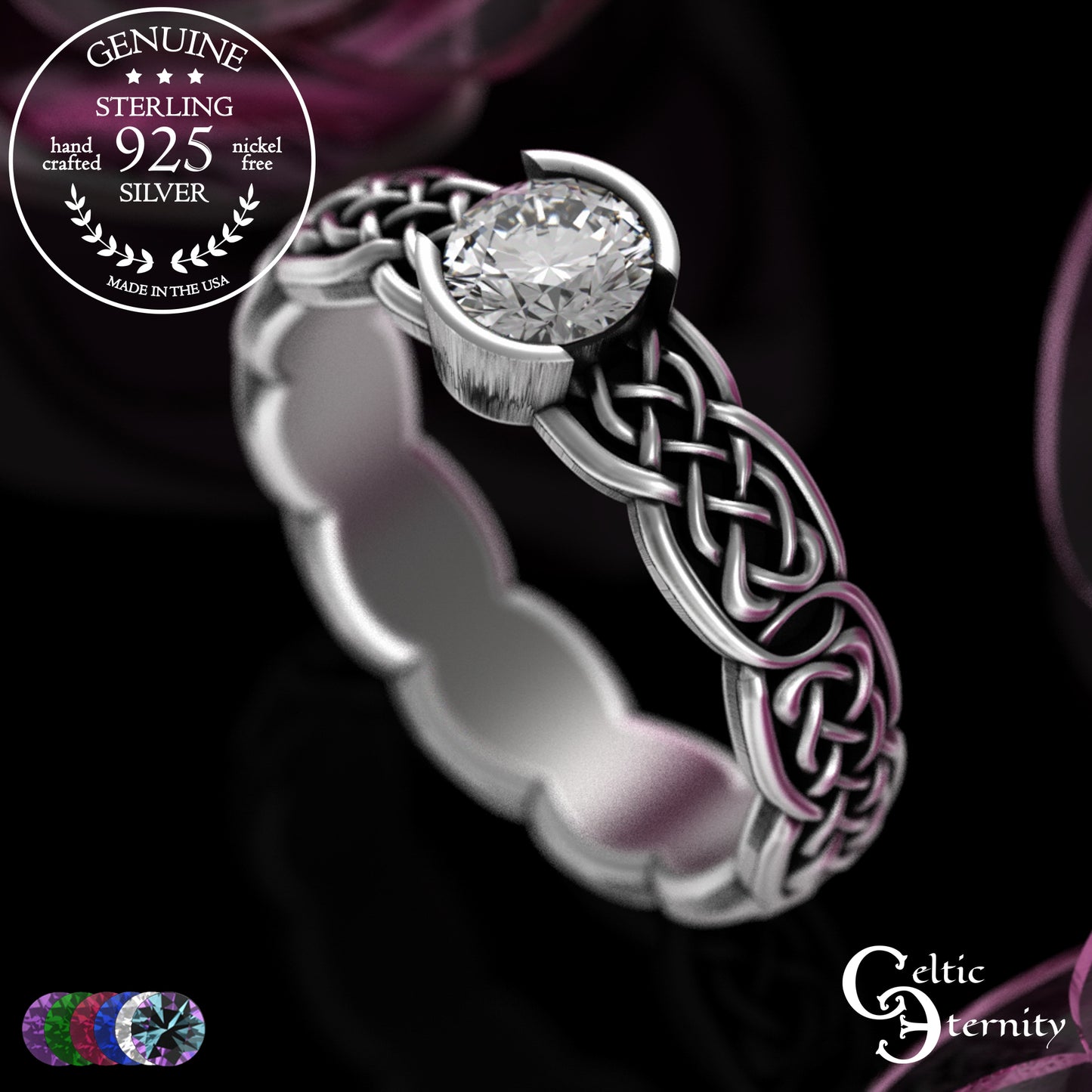 Sterling Woman's Low Profile Celtic Wedding Ring - Emerald, 4065