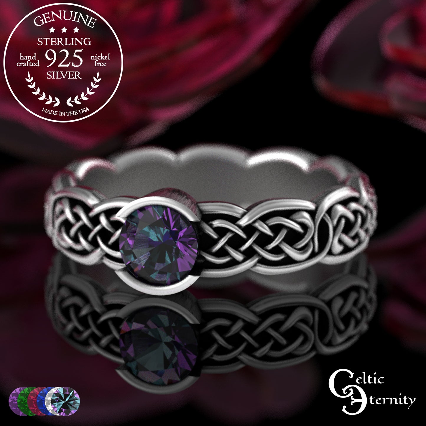 Sterling Woman's Low Profile Celtic Wedding Ring - Emerald, 4065