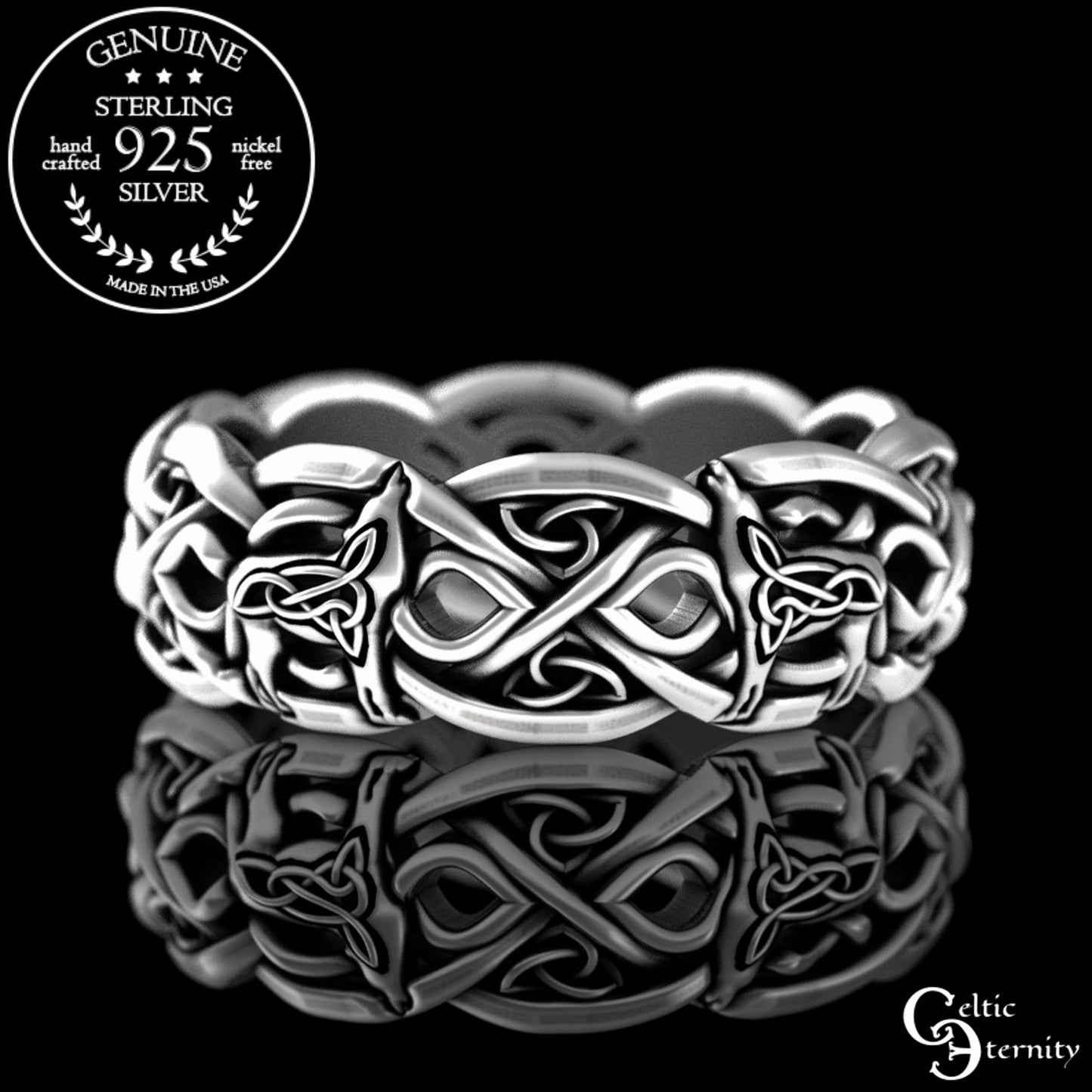 Woman's Sterling Silver Celtic Howling Wolves Wedding Band, 4267