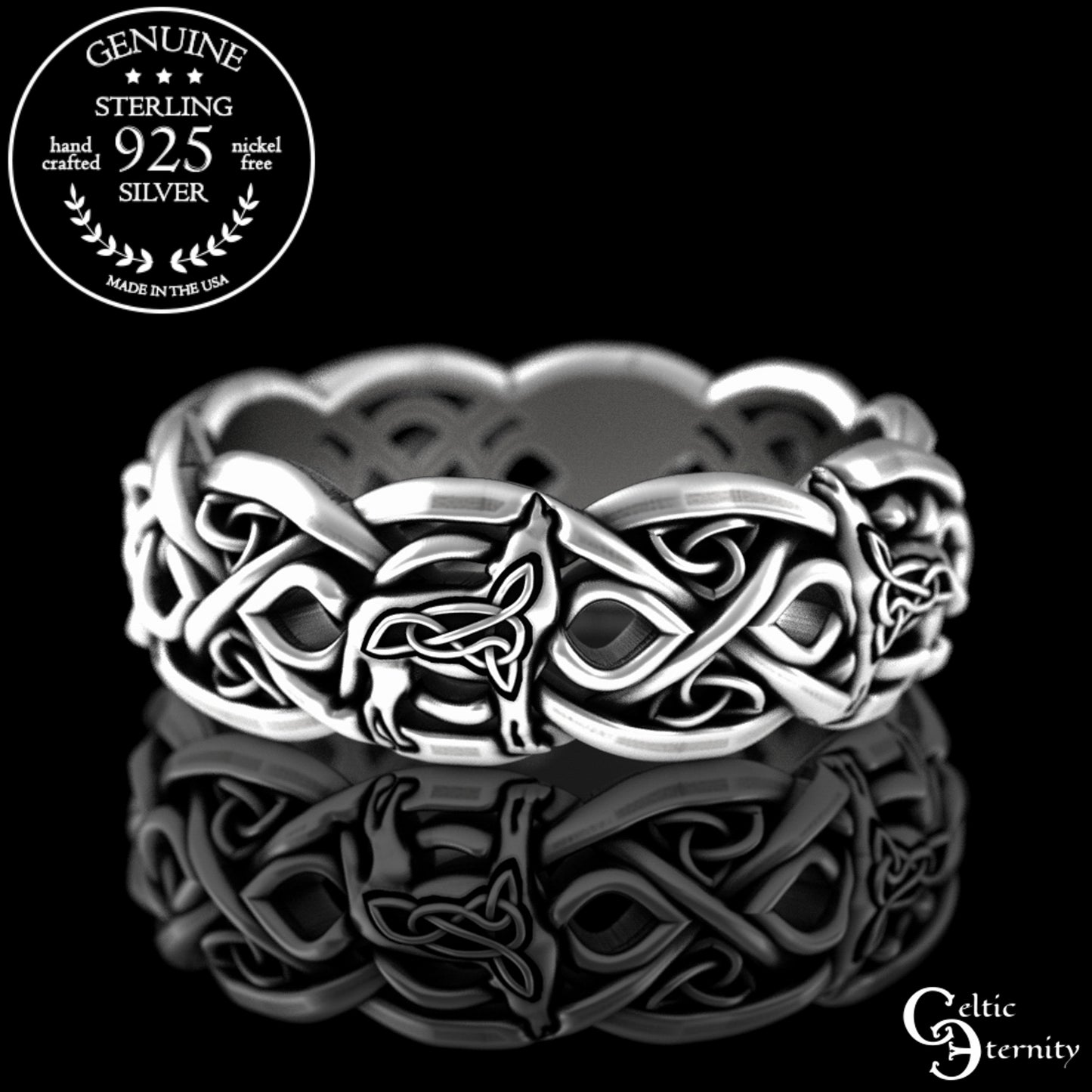 Woman's Sterling Silver Celtic Howling Wolves Wedding Band, 4267
